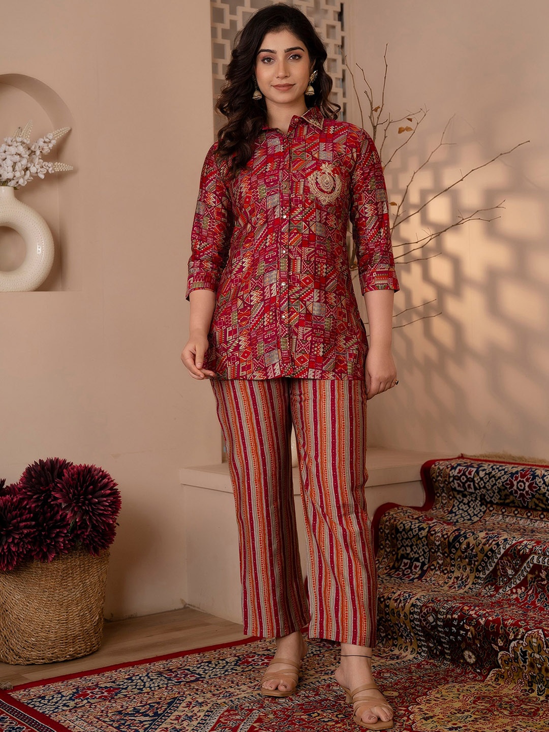 

Charu Geometric Printed Thread Work Modal Shirt With Trouser, Pink
