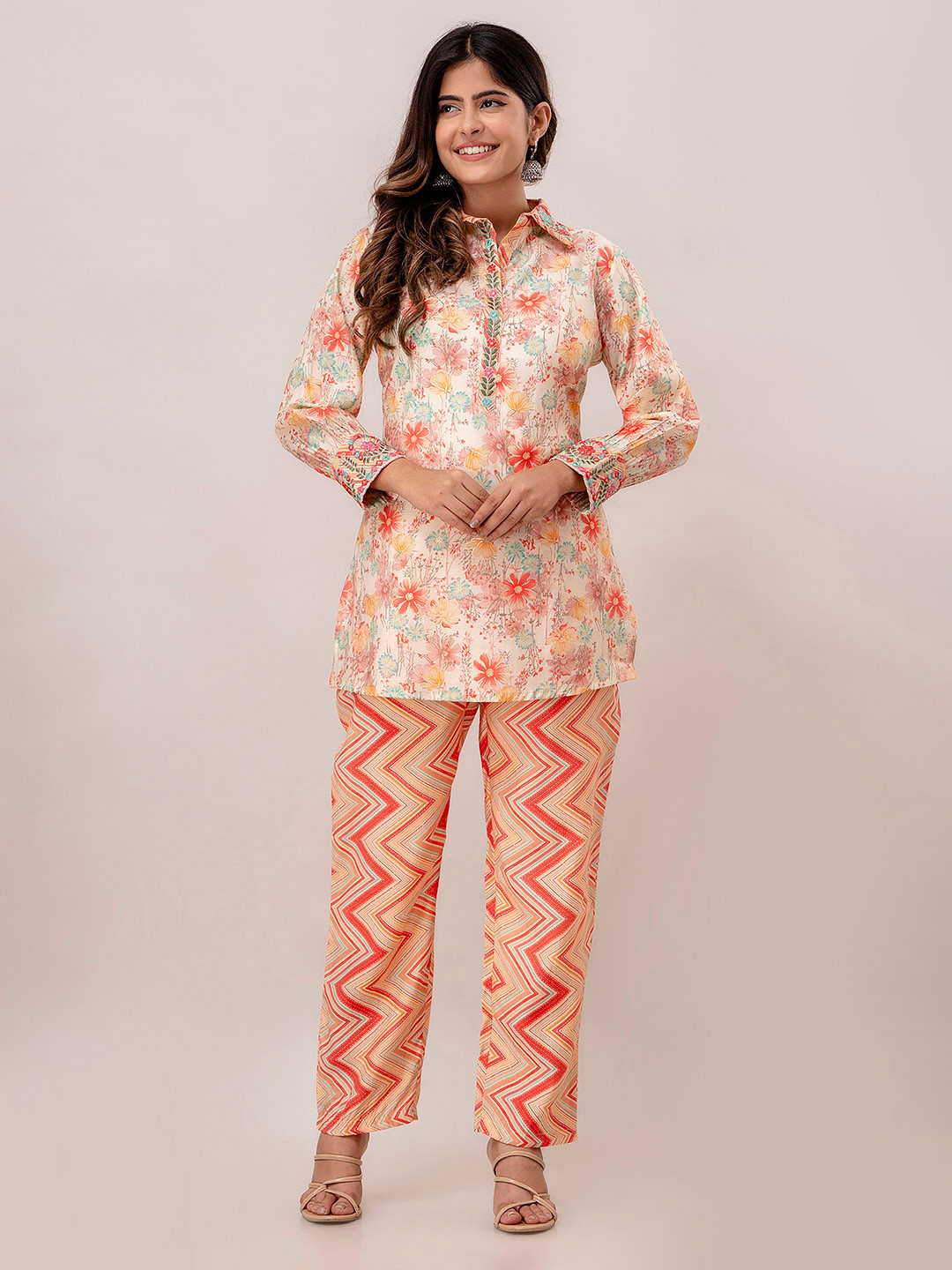 

Charu Floral Printed Thread Work Longline Top With Trouser, Peach