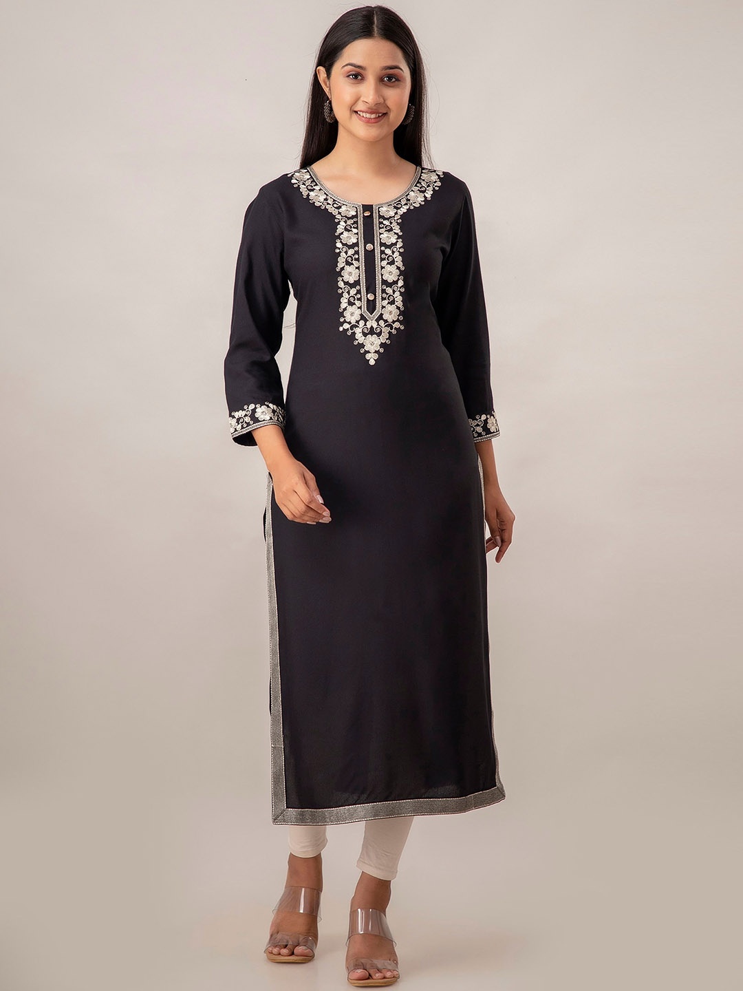 

Charu Floral Yoke Design Thread Work Kurta, Black