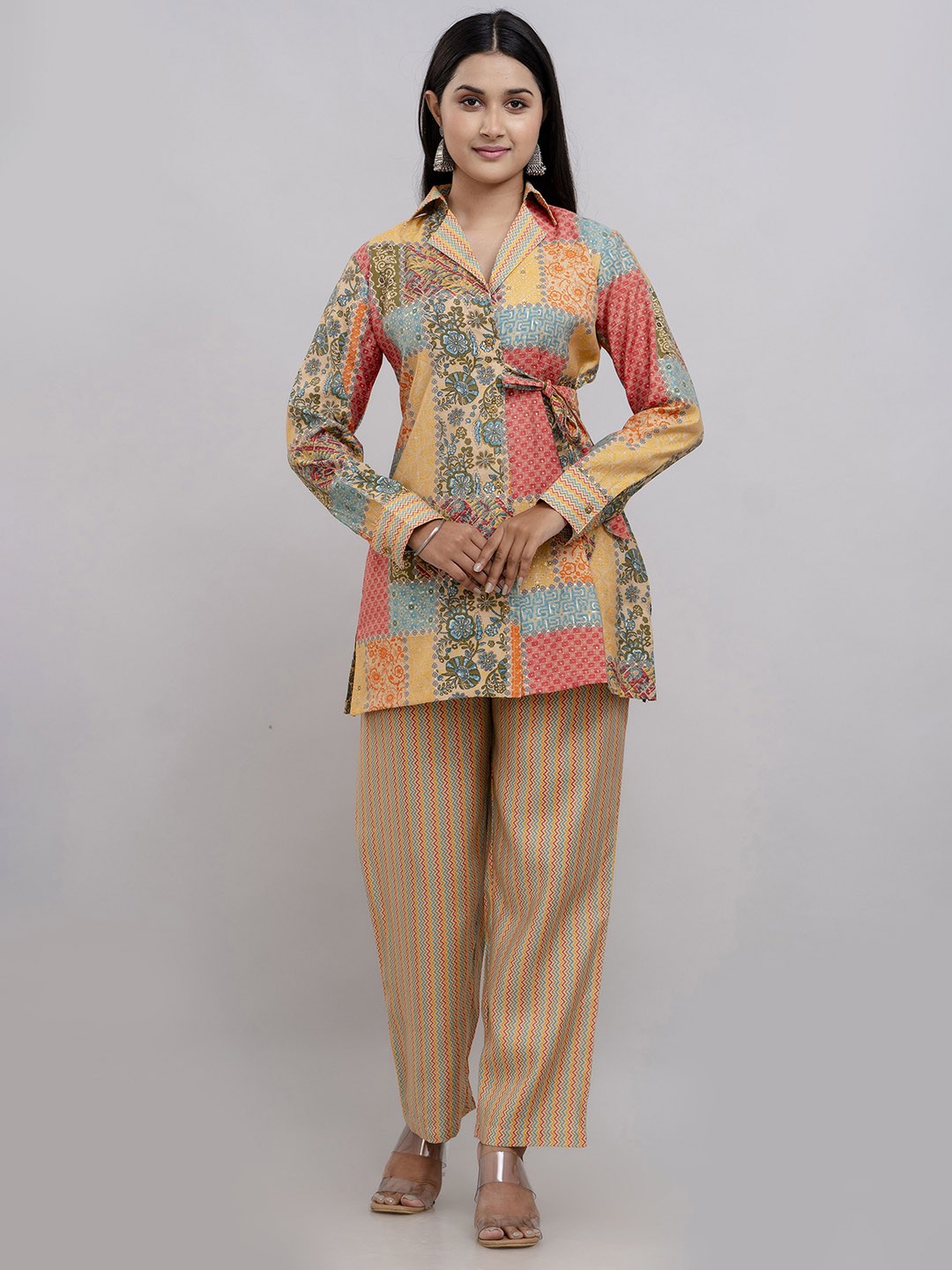 

Charu Ethnic Motifs Printed Tie-Up Detail Longline Top with Trousers Ethnic Co-Ords, Yellow