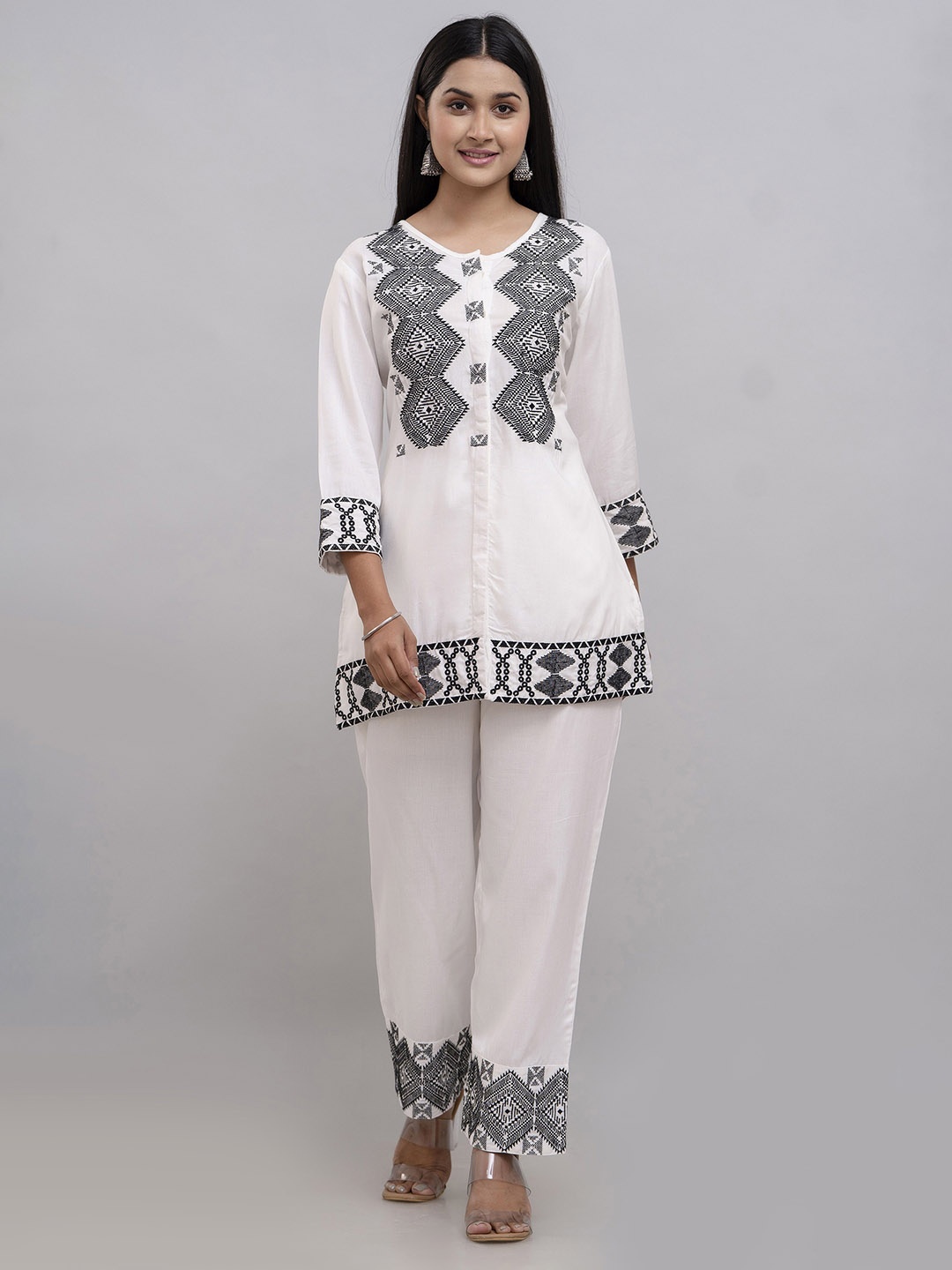 

Charu Ethnic Motifs Embroidered Round-Neck Top & Mid-Rise Trouser, White