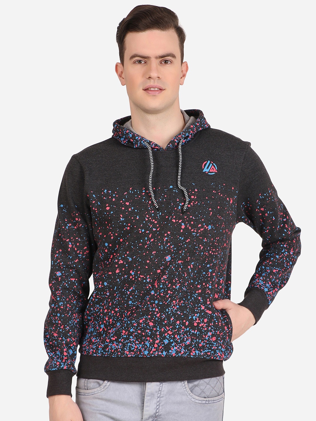 

WELL QUALITY Abstract Printed Hooded Sweatshirt, Black