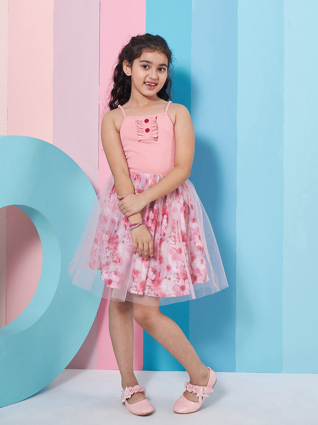 

pspeaches Girls Floral Printed Woollen Fit & Flare Dress, Pink