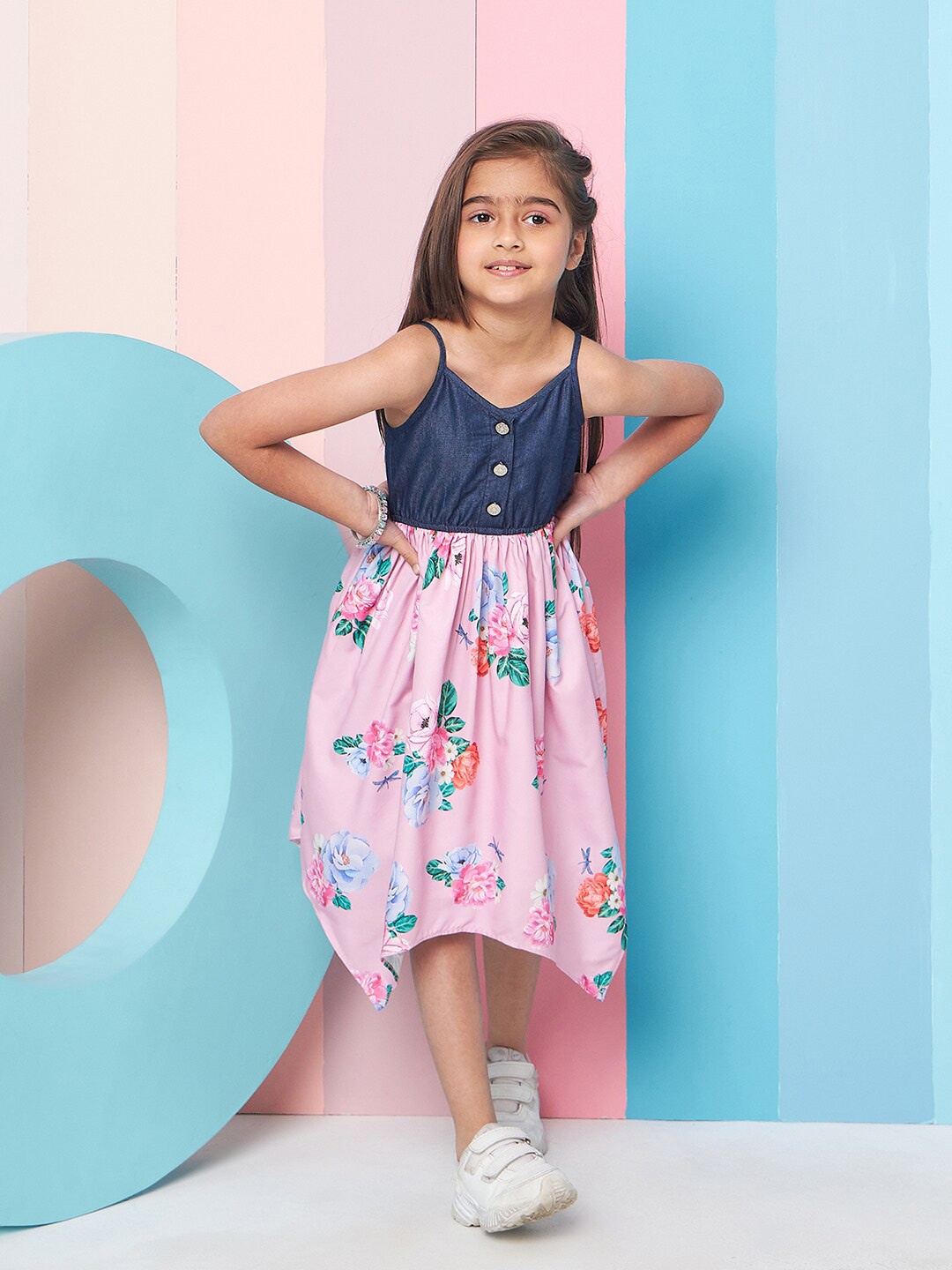 

pspeaches Girls Shoulder Straps Floral Print Denim A-Line Midi Dress, Navy blue