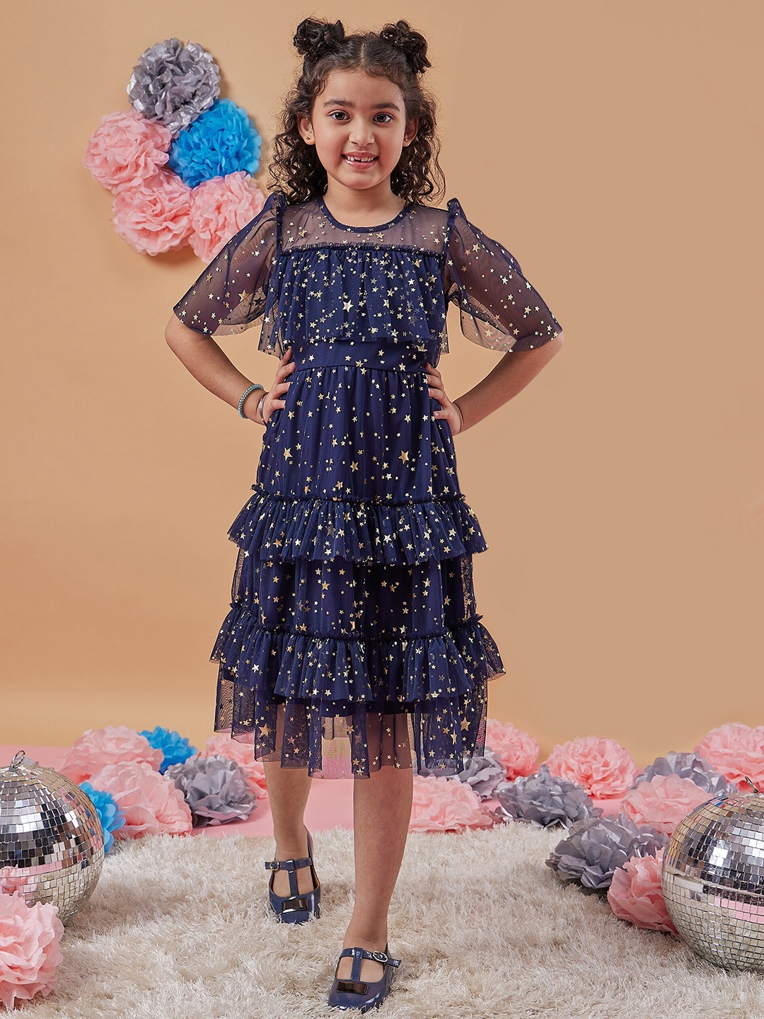 

pspeaches Girls Floral Print Flared Sleeve Net A-Line Midi Dress, Navy blue