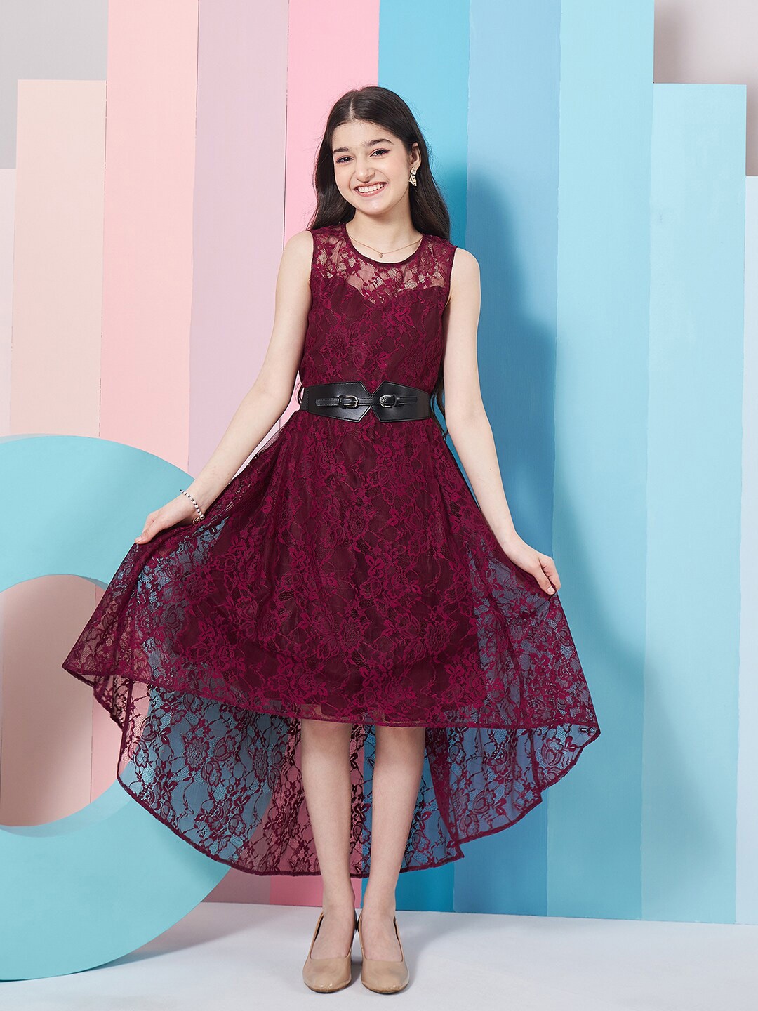 

pspeaches Girls Round Neck Sleeveless Lace Fit & Flare Maxi Dress, Purple
