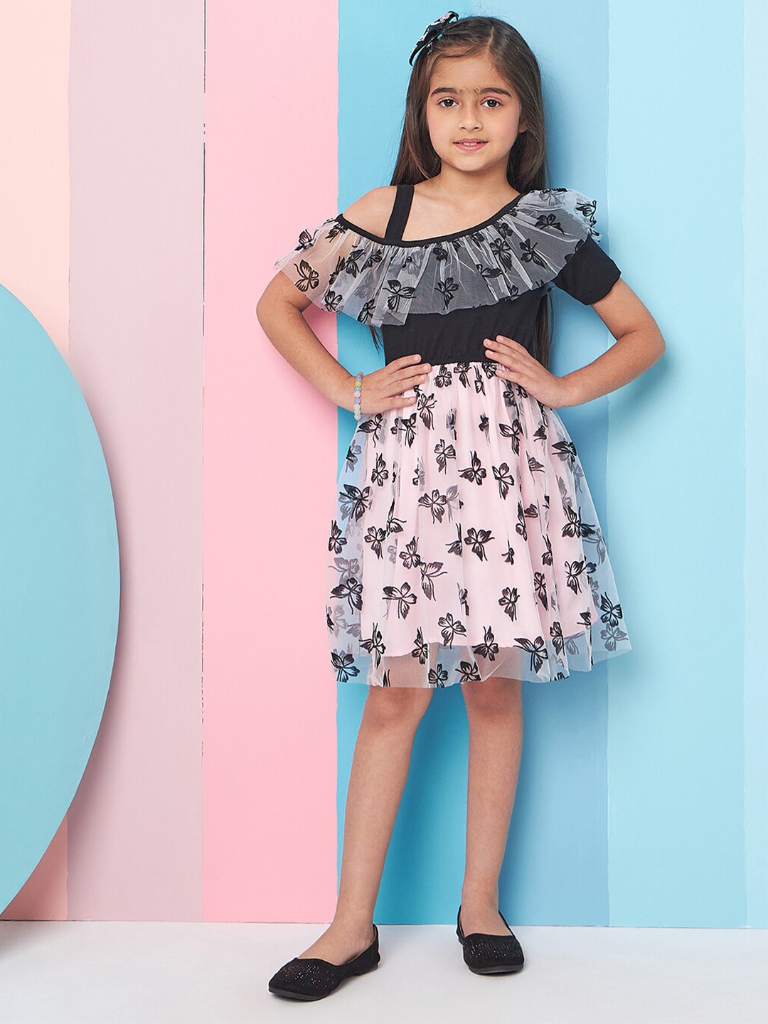 

pspeaches Girls Floral Print Cold-Shoulder Woollen Net Fit & Flare Dress, Black