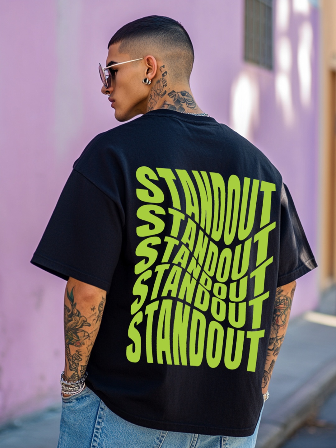 

VEIRDO Round Neck Short Sleeves Typography Printed Pure Cotton T-shirt, Black