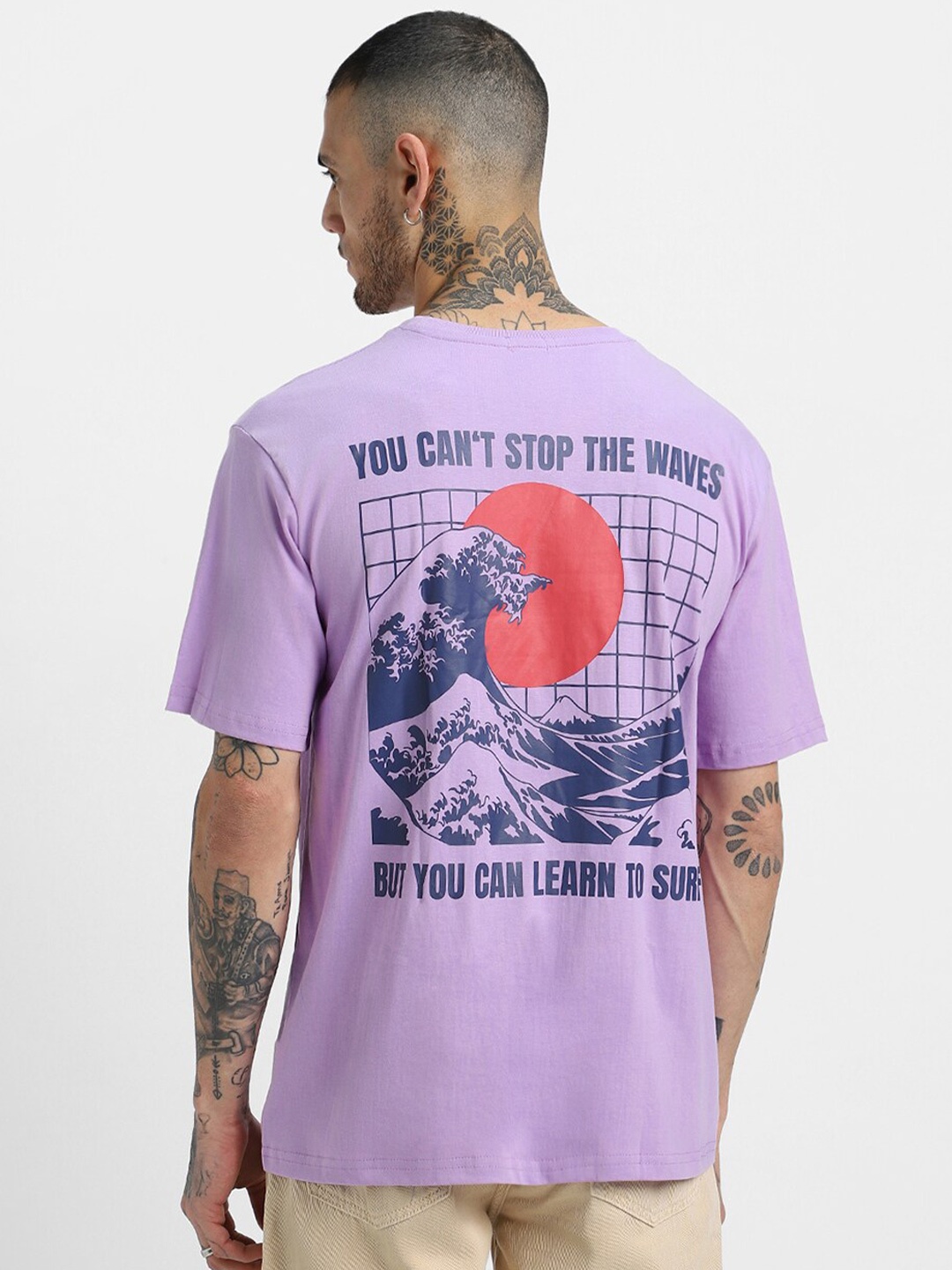 

VEIRDO Graphic Printed Round Neck Pure Cotton Boxy Fit Oversized T-shirt, Purple