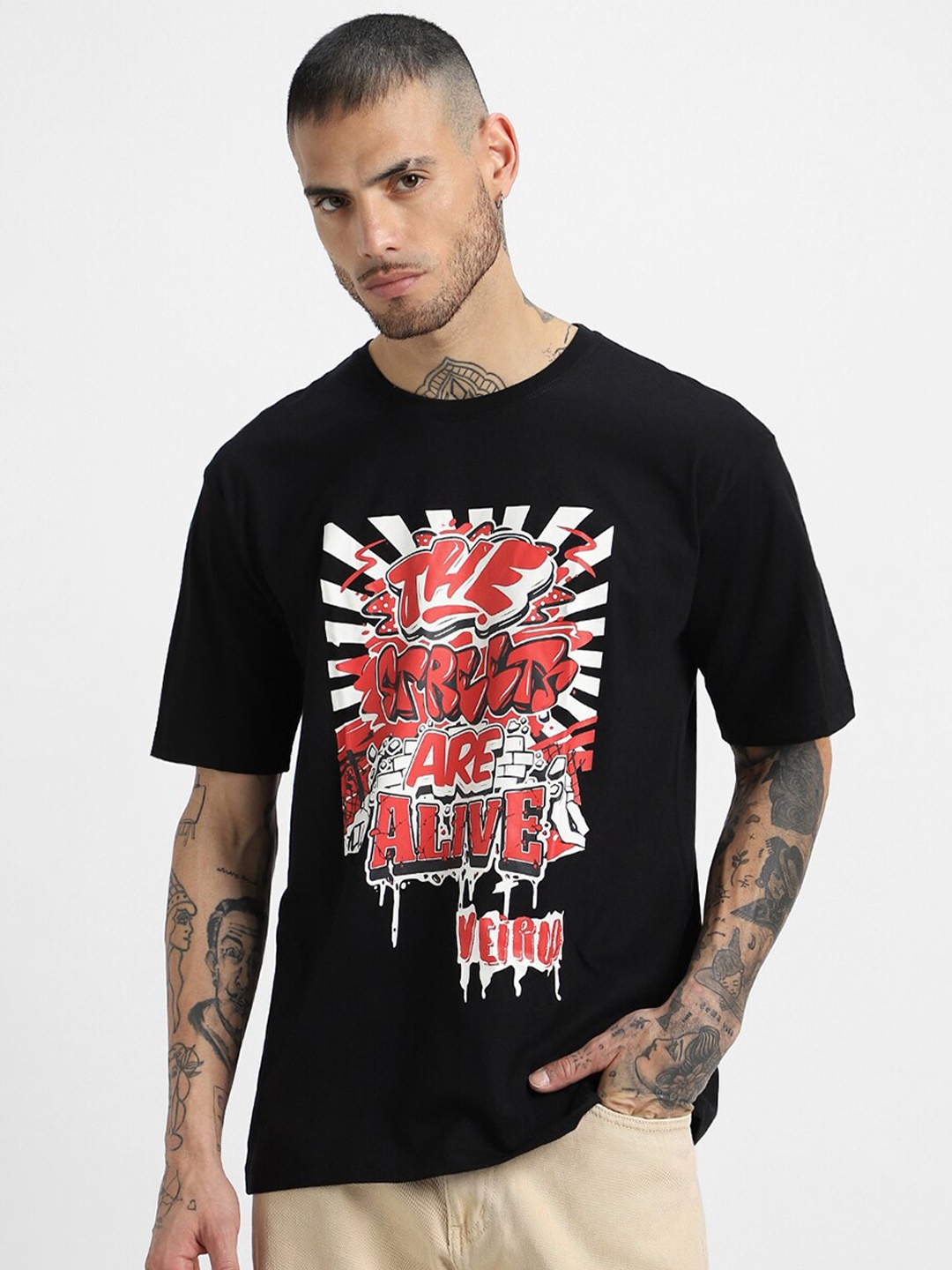 

VEIRDO Graphic Printed Round Neck Pure Cotton Boxy Fit Oversized T-shirt, Black