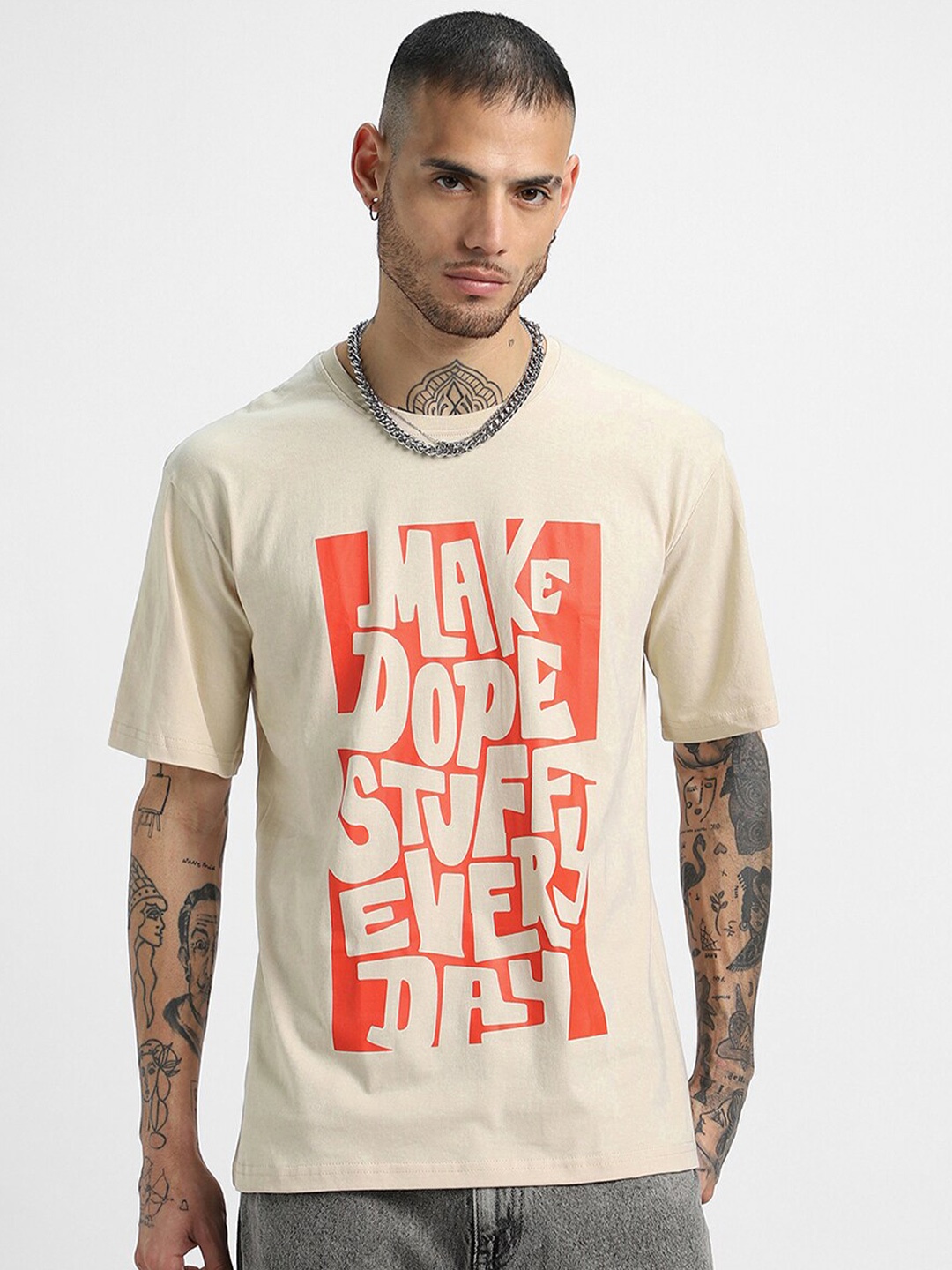 

VEIRDO Typography Printed Round Neck Drop-Shoulder Sleeves Pure Cotton Oversized T-shirt, Beige