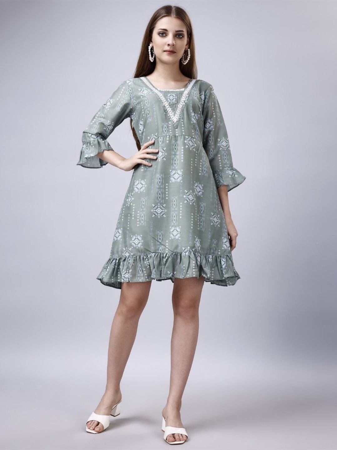 

BAESD Round Neck Floral Printed Cotton A-Line Dress, Green