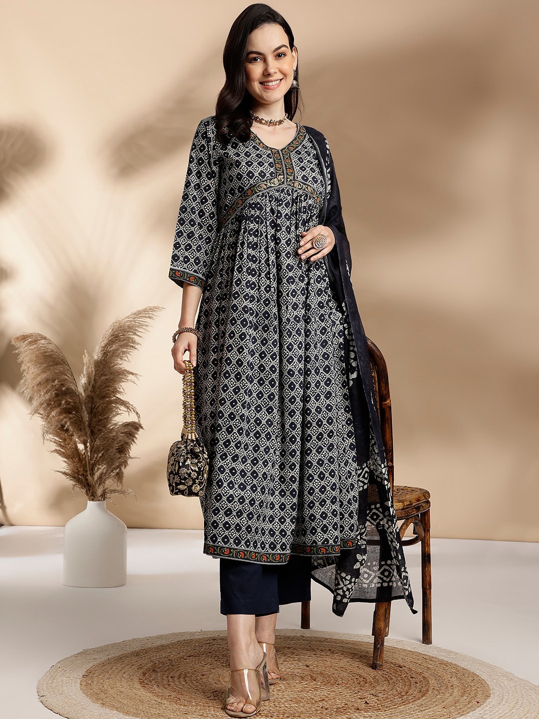 

Anouk Bandhani Printed Pure Cotton A-Line Kurta With Trousers & Dupatta, Black