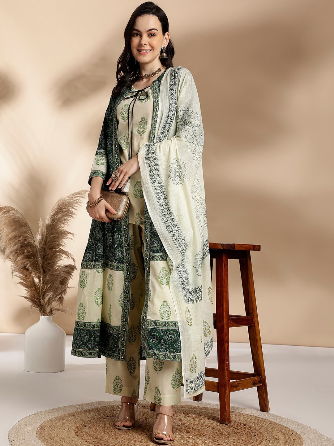 

Anouk Floral Printed Pure Cotton A-Line Kurta With Trousers & Dupatta, Off white