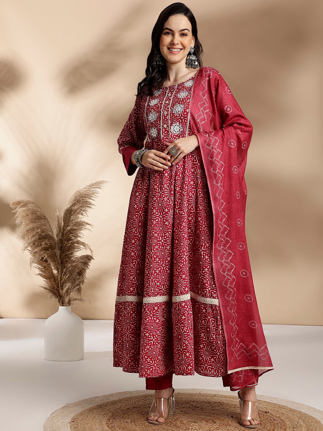 

Anouk Printed Mirror Work Detail Pure Cotton Anarkali Kurta With Trousers & Dupatta, Red