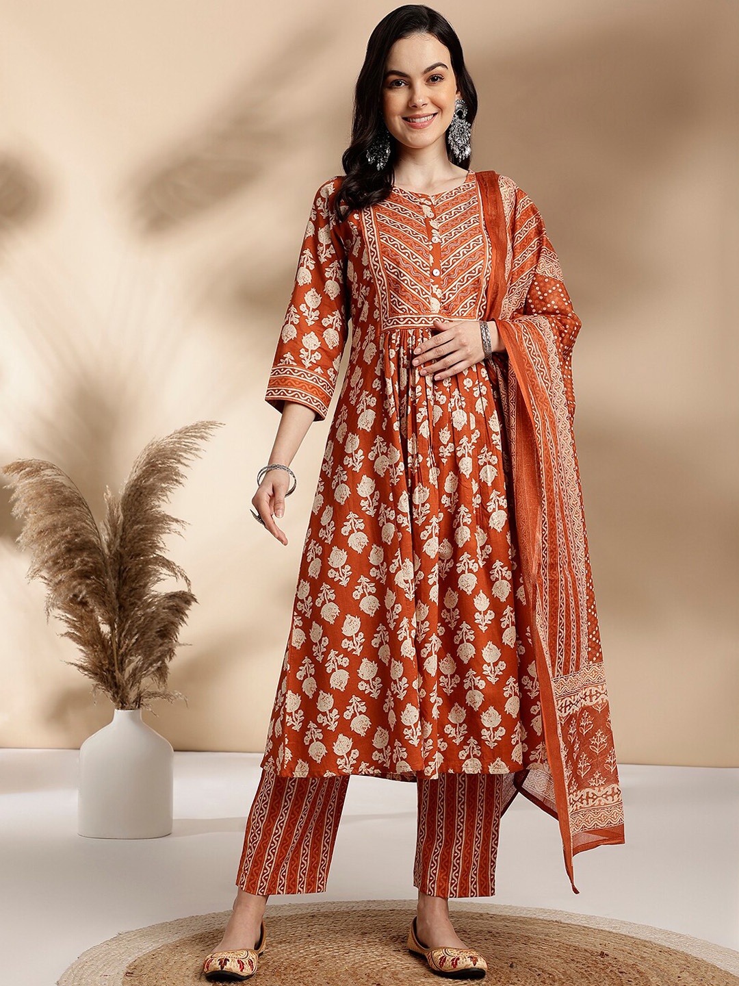 

Anouk Ethnic Motifs Printed Pure Cotton Kurta With Trousers & Dupatta, Orange