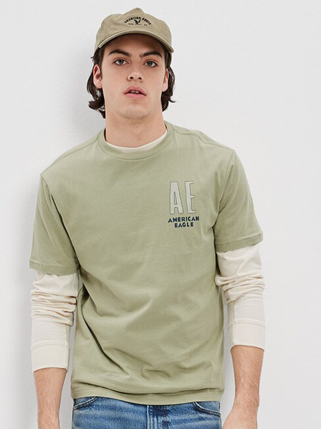 

AMERICAN EAGLE OUTFITTERS Typography Printed Cotton T-shirt, Olive