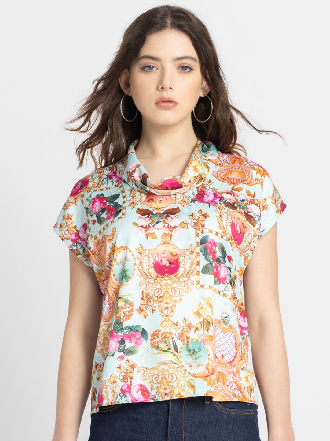 

SHAYE Floral Print Cowl Neck Extended Sleeves Top, Blue