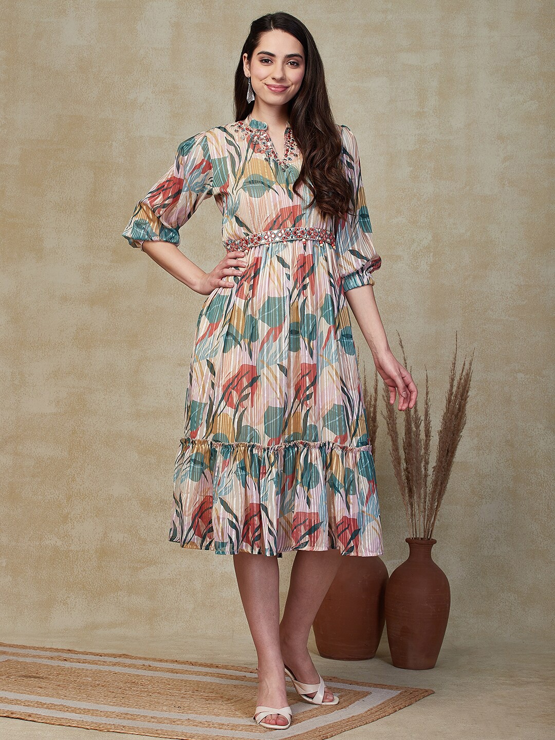 

FASHOR Floral Printed Mandarin Collar Three-Quarter Sleeves A-Line Midi Dress, Green