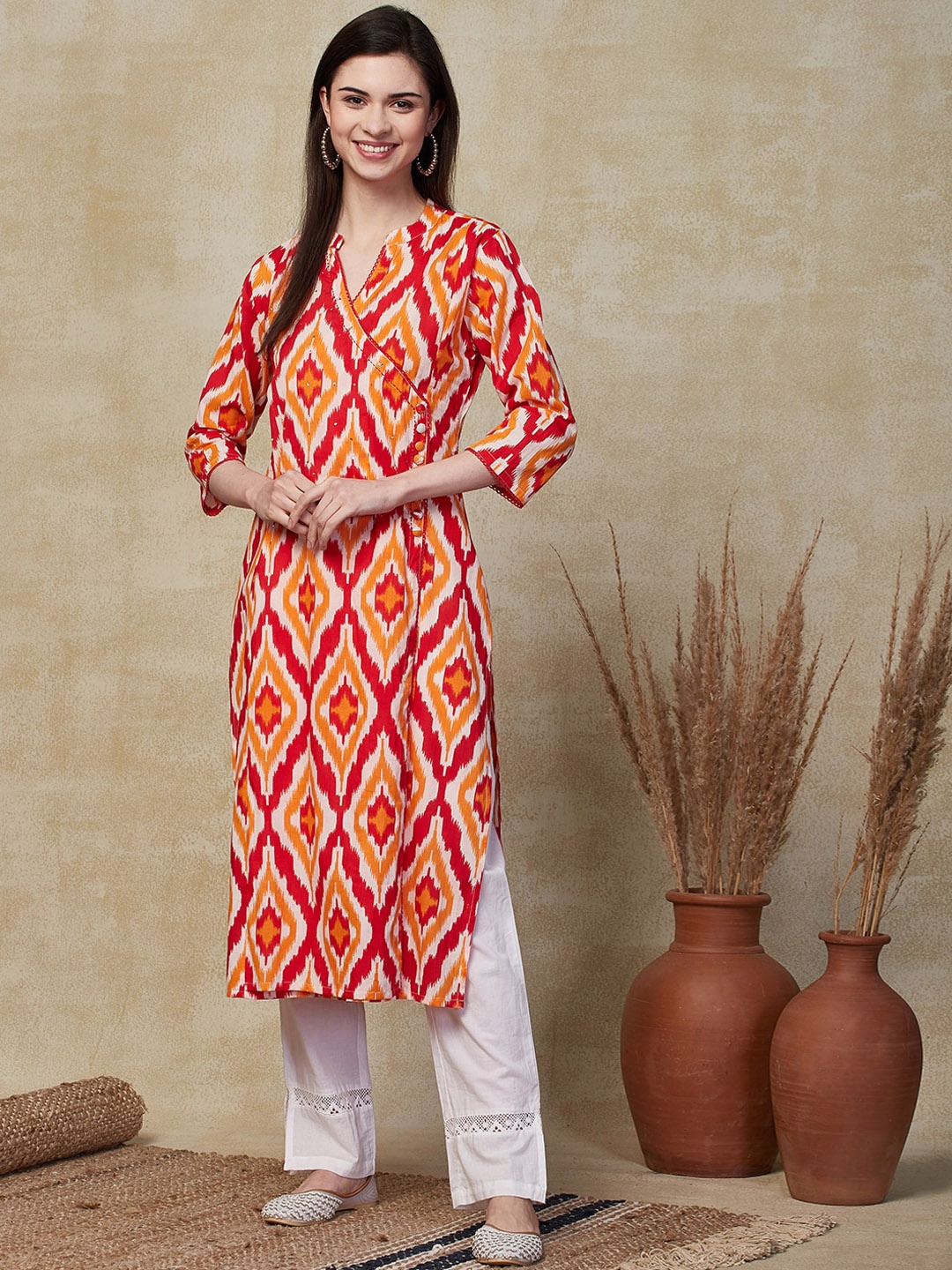 

FASHOR Geometric Printed Mandarin Collar Pure Cotton Kurta, Red