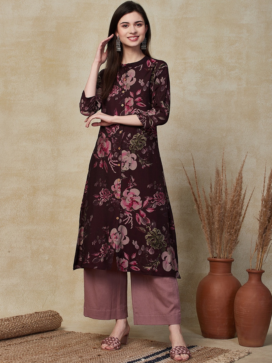 

FASHOR Floral Printed Band Collar Kurta, Burgundy