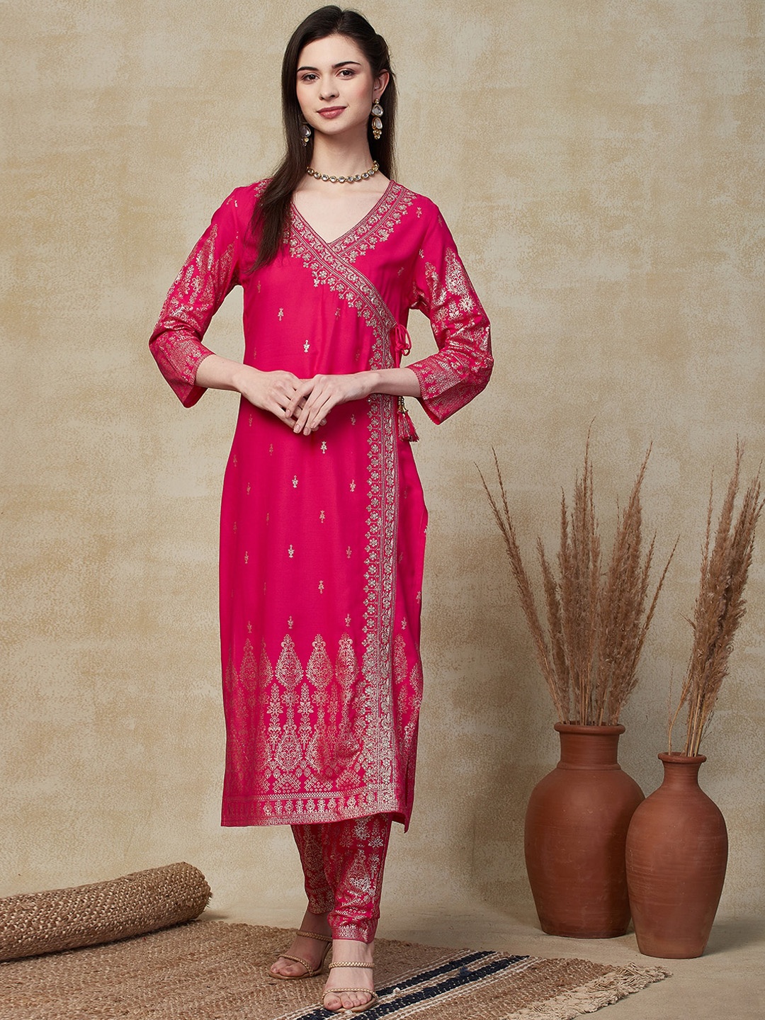 

FASHOR Pink Ethnic Motifs Embroidered Angrakha Kurta With Trouser