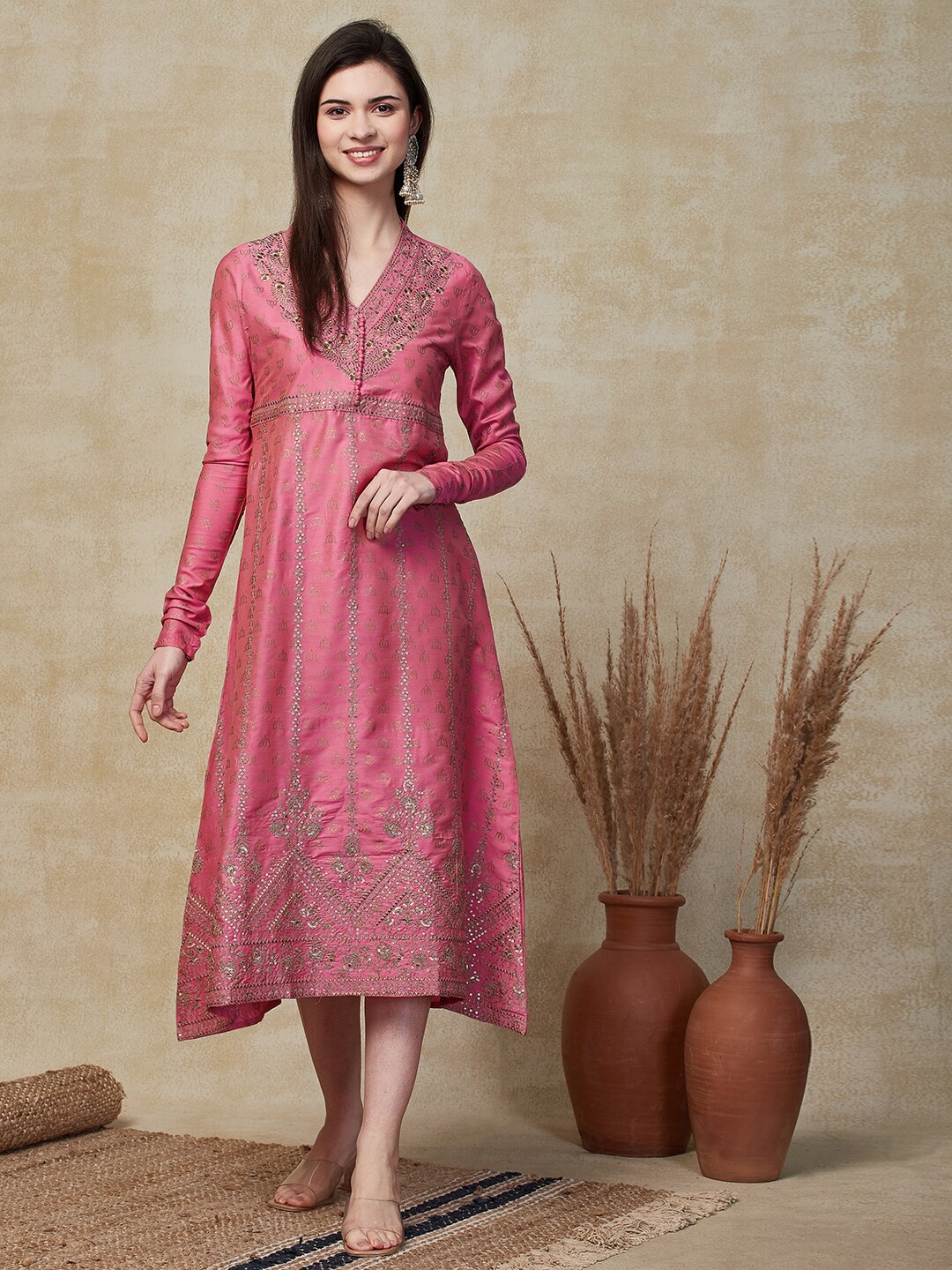 

FASHOR Ethnic Motifs Printed V-Neck Long Sleeves A-Line Midi Cotton Dress, Pink