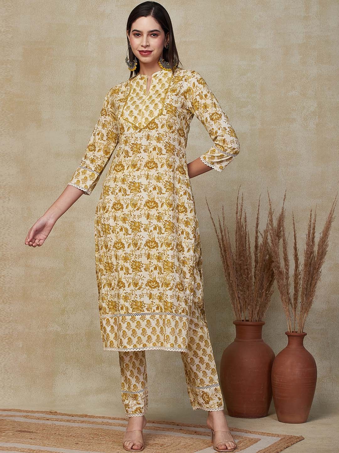 

FASHOR Floral Printed Pure Cotton Straight Kurta with Trousers & Dupatta, Mustard