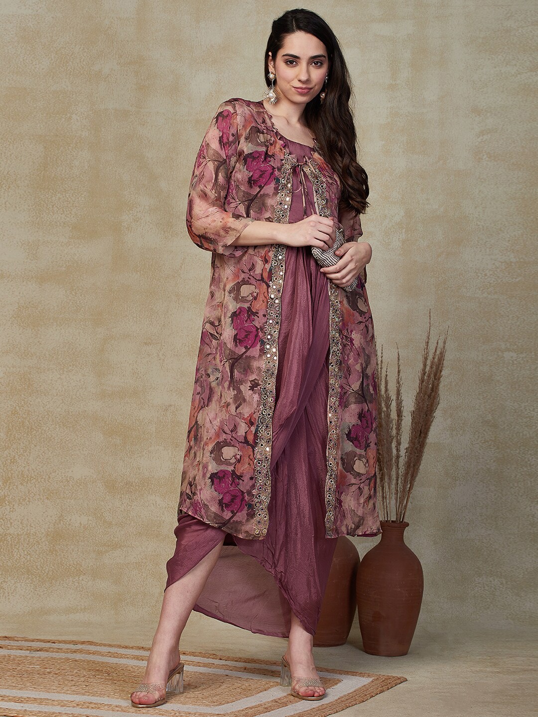 

FASHOR Floral Printed Round Neck Three-Quarter Sleeves A-Line Maxi Dress, Rose