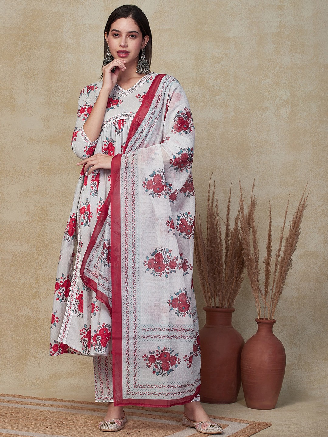 

FASHOR Floral Printed Empire Pure Cotton A-Line Kurta with Trousers & Dupatta, Blue