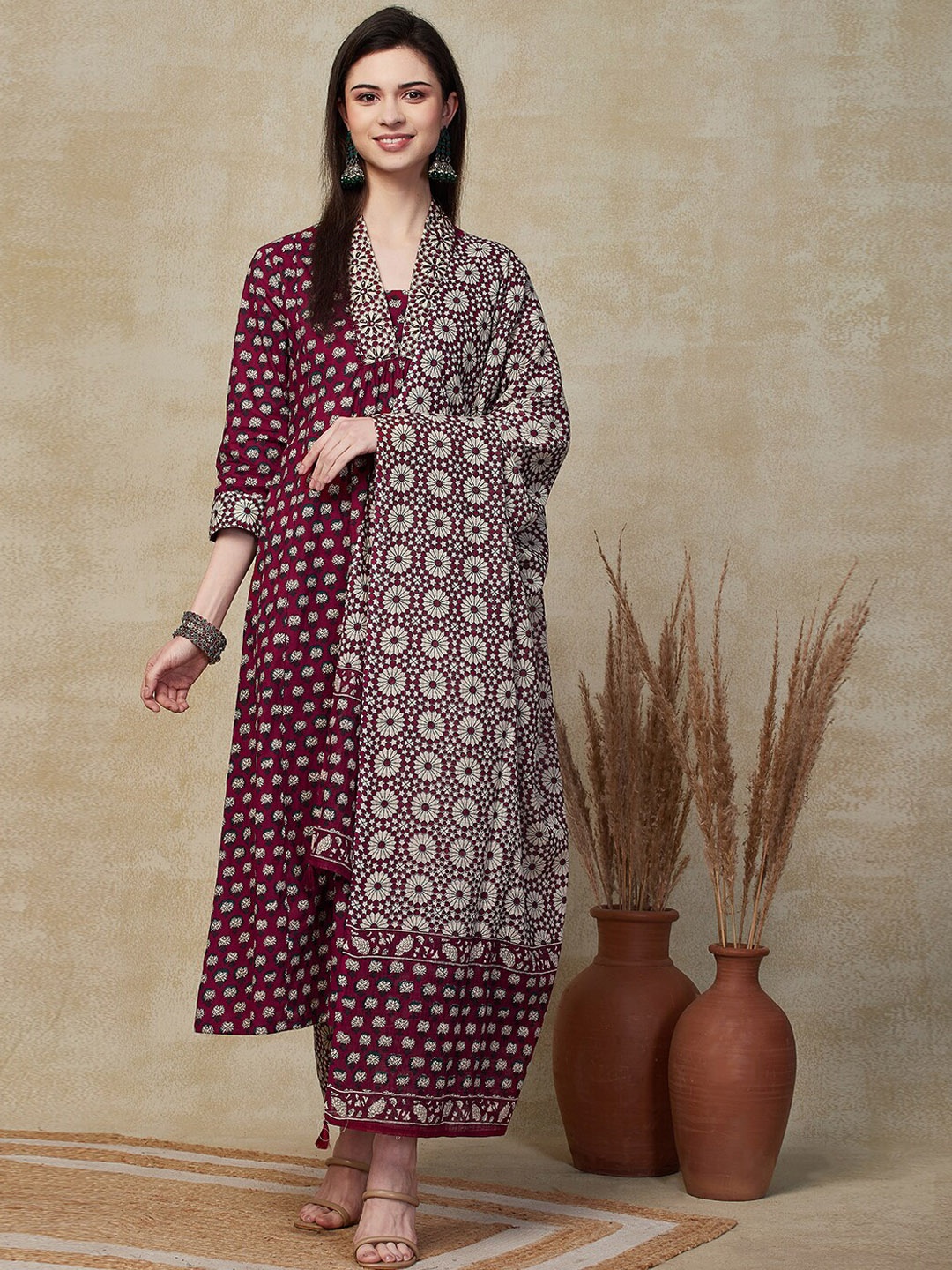 

FASHOR Ethnic Motifs Printed Pure Cotton A-Line Kurta with Trousers & Dupatta, Maroon