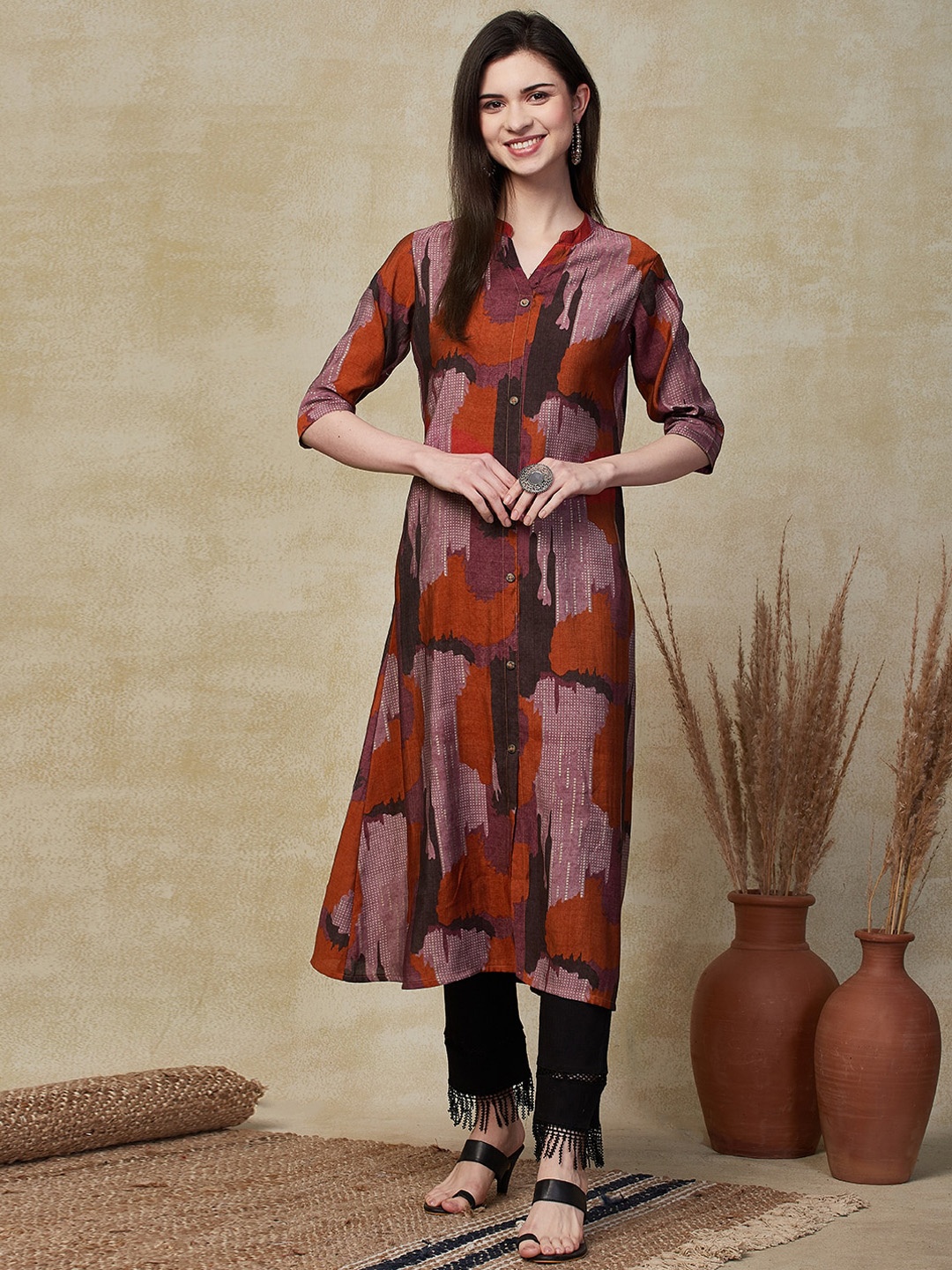 

FASHOR Brown & Black Printed Thread Work A-Line Kurta