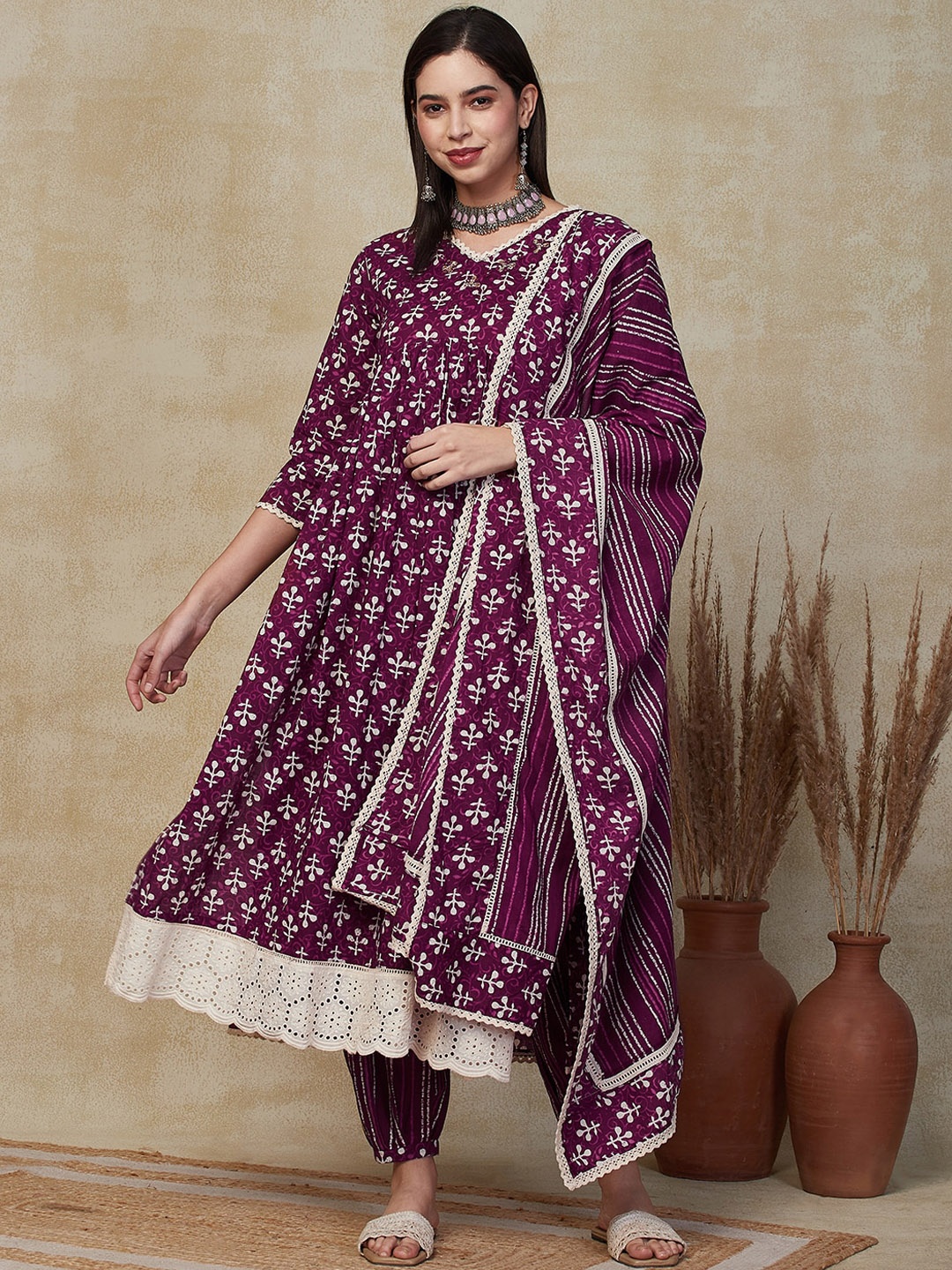 

FASHOR Ethnic Motifs Pure Cotton A-Line Kurta with Salwar & Dupatta, Burgundy