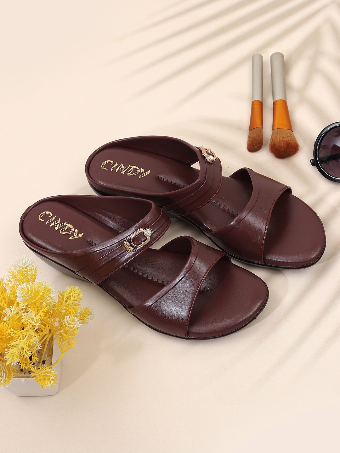 

Cindy Buckle Detail Open Toe Flats, Maroon