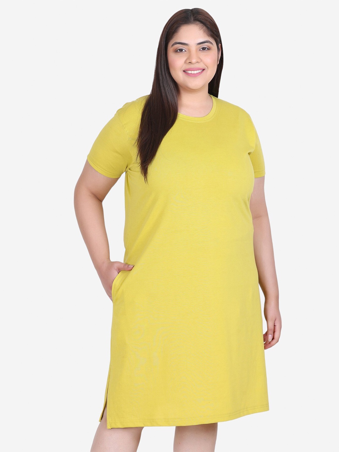 

IN Love Plus Size Round Neck T-shirt Nightdress, Mustard