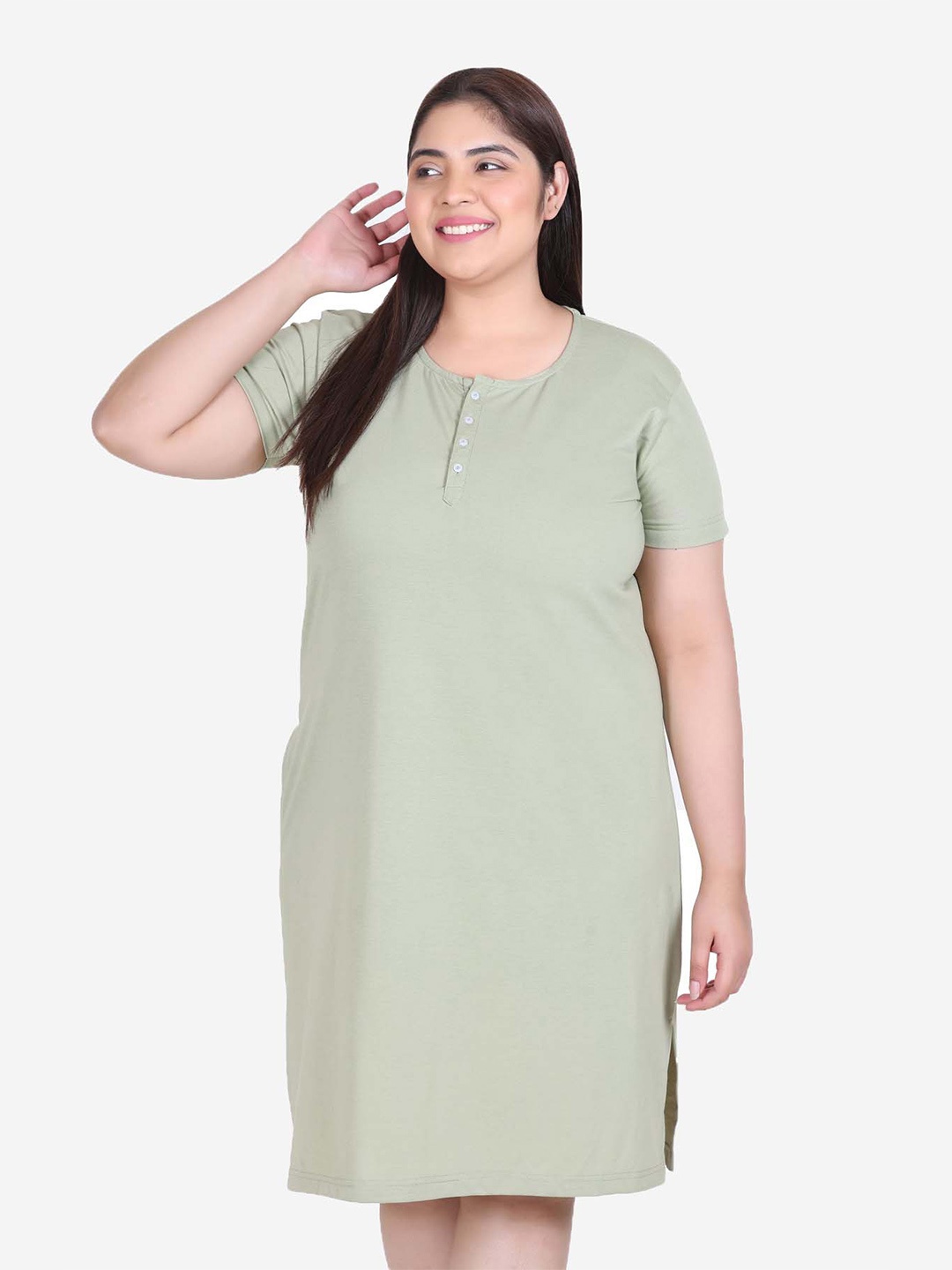 IN Love Plus Size Round Neck Short Sleeves T shirt Night Dress, Green