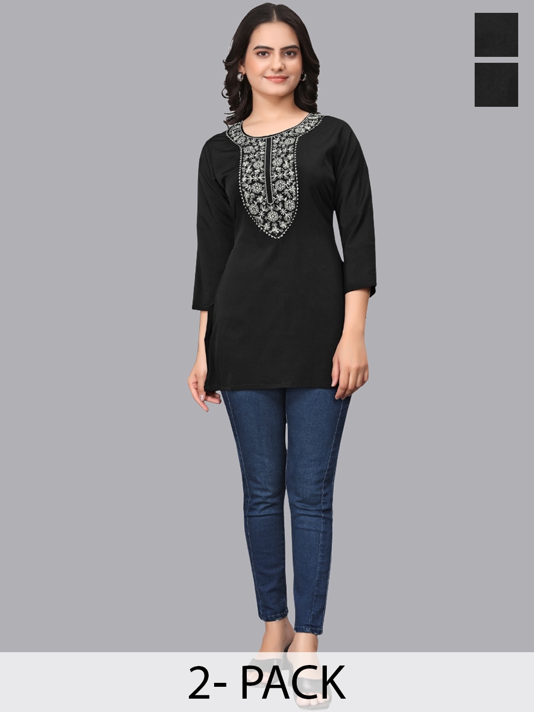 

OWO THE LABEL Selection Of 2 Floral Embroidered Straight Kurti, Black