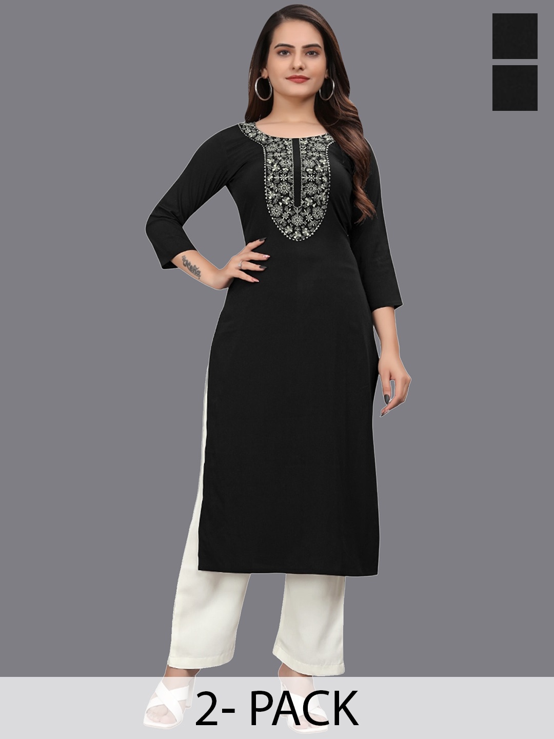 

OWO THE LABEL Selection Of 2 Floral Yoke Design Straight Kurta, Black