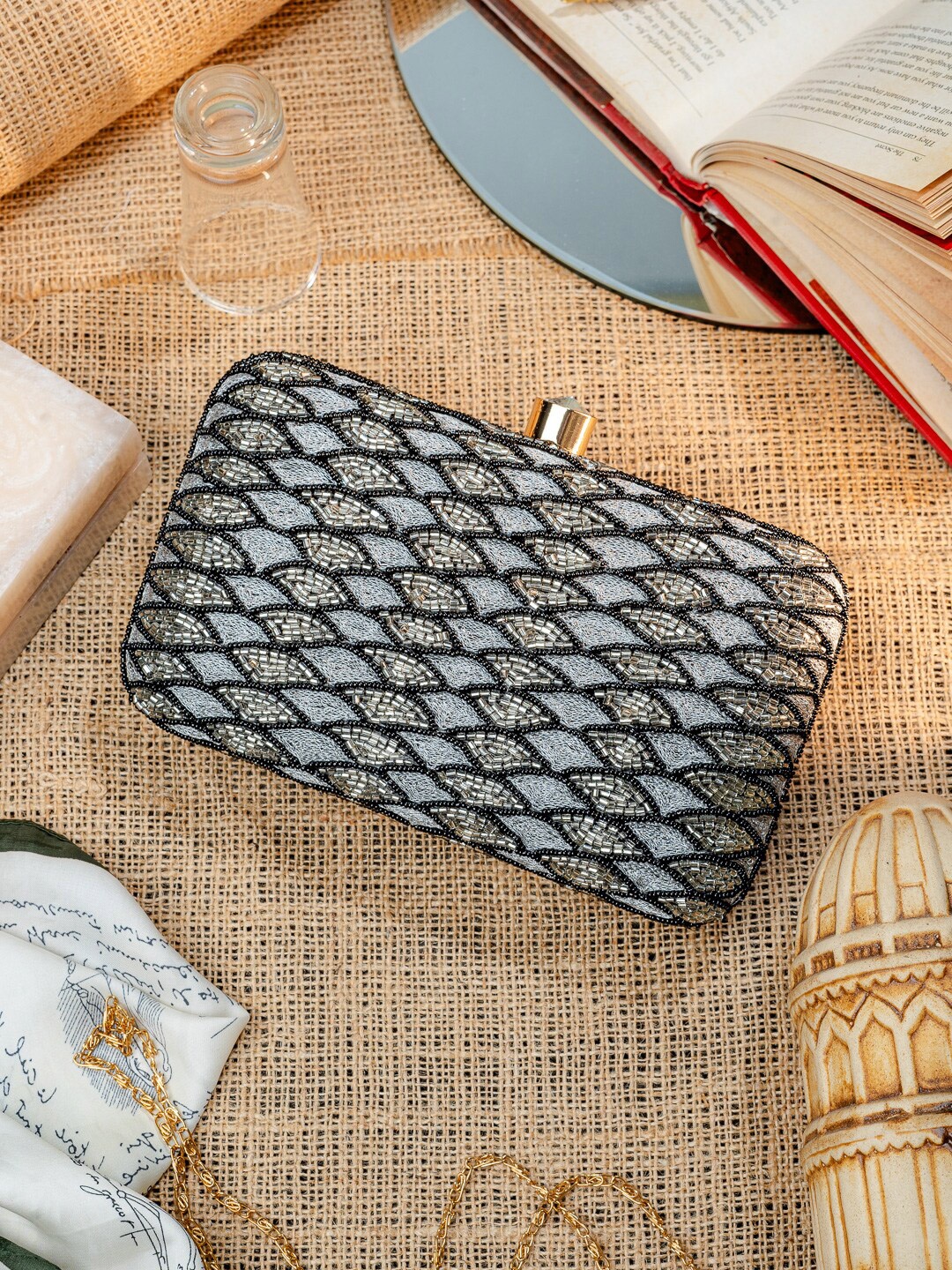 

Anouk Black Embroidered Box Clutch