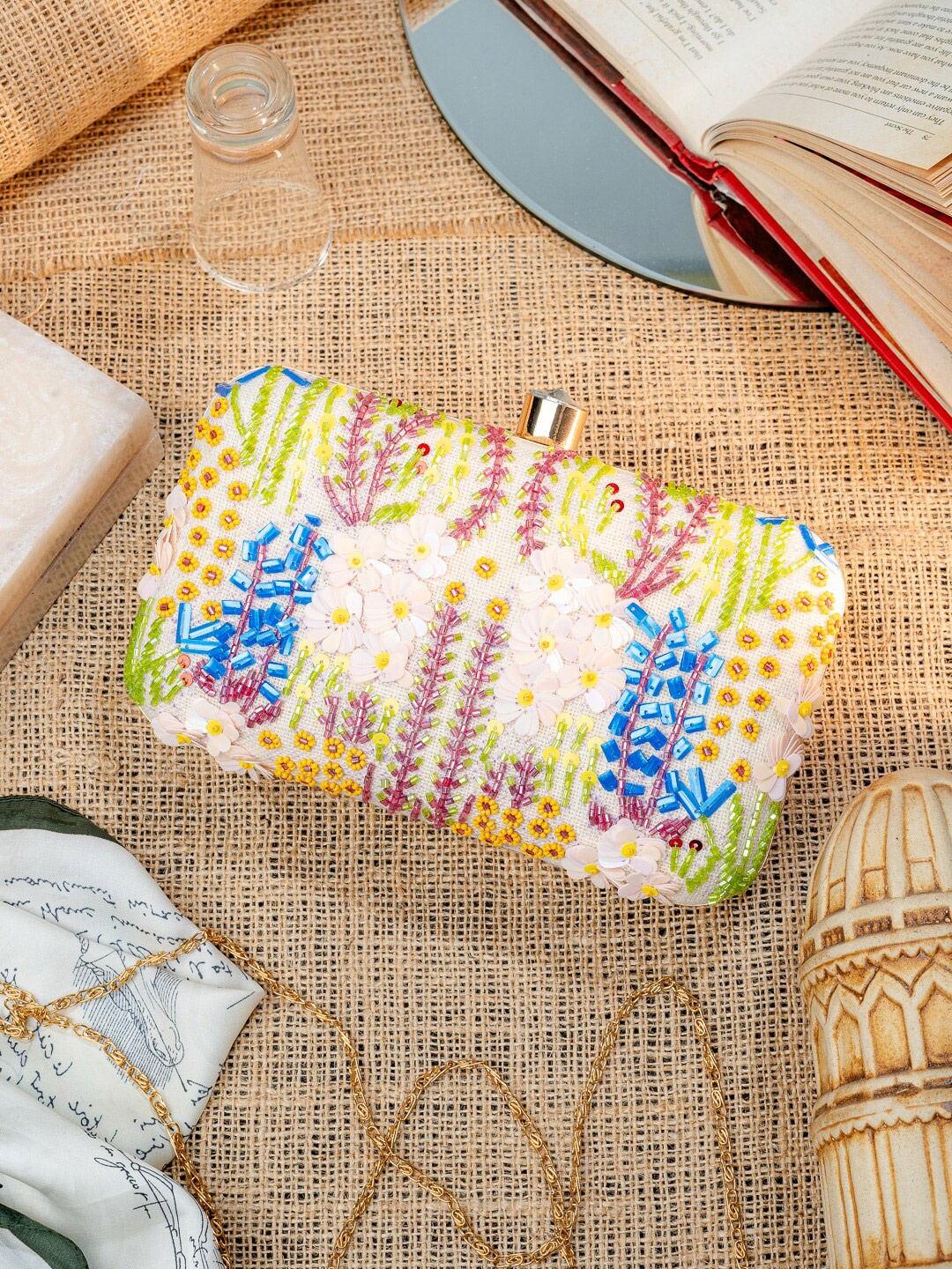 

Anouk White Floral Embroidered Box Clutch, Green