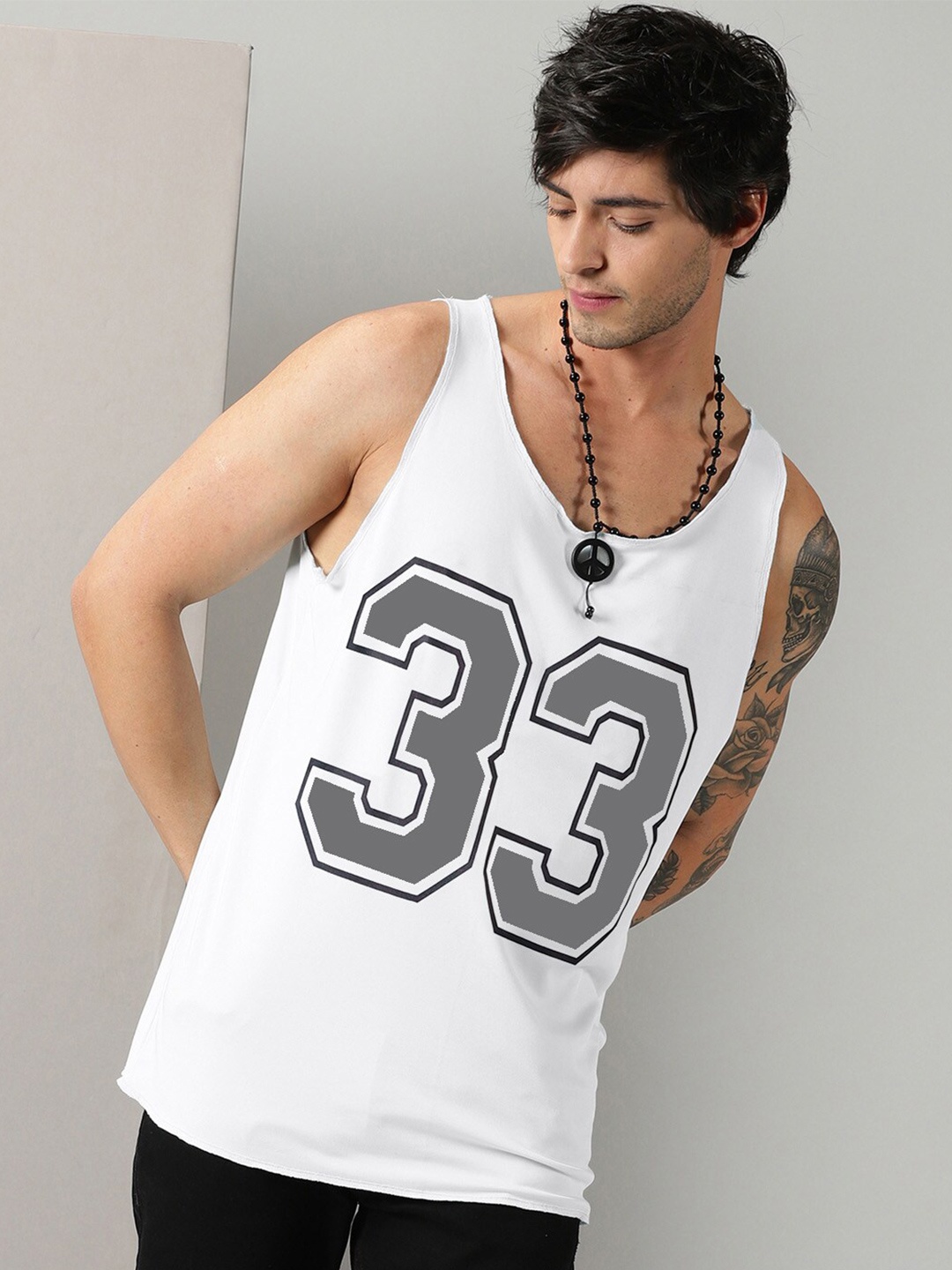 

Rodzen Printed Round Neck Sleeveless Raw Edge T-shirt, White
