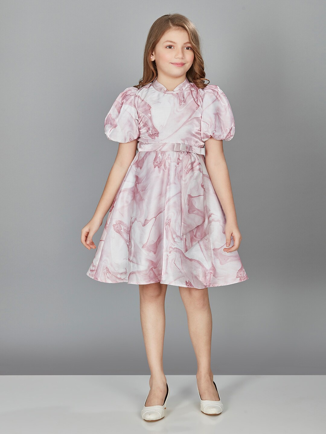 

Peppermint Mandarin Collar Floral Printed Short Flared Sleeve Fit & Flare Dress, Peach