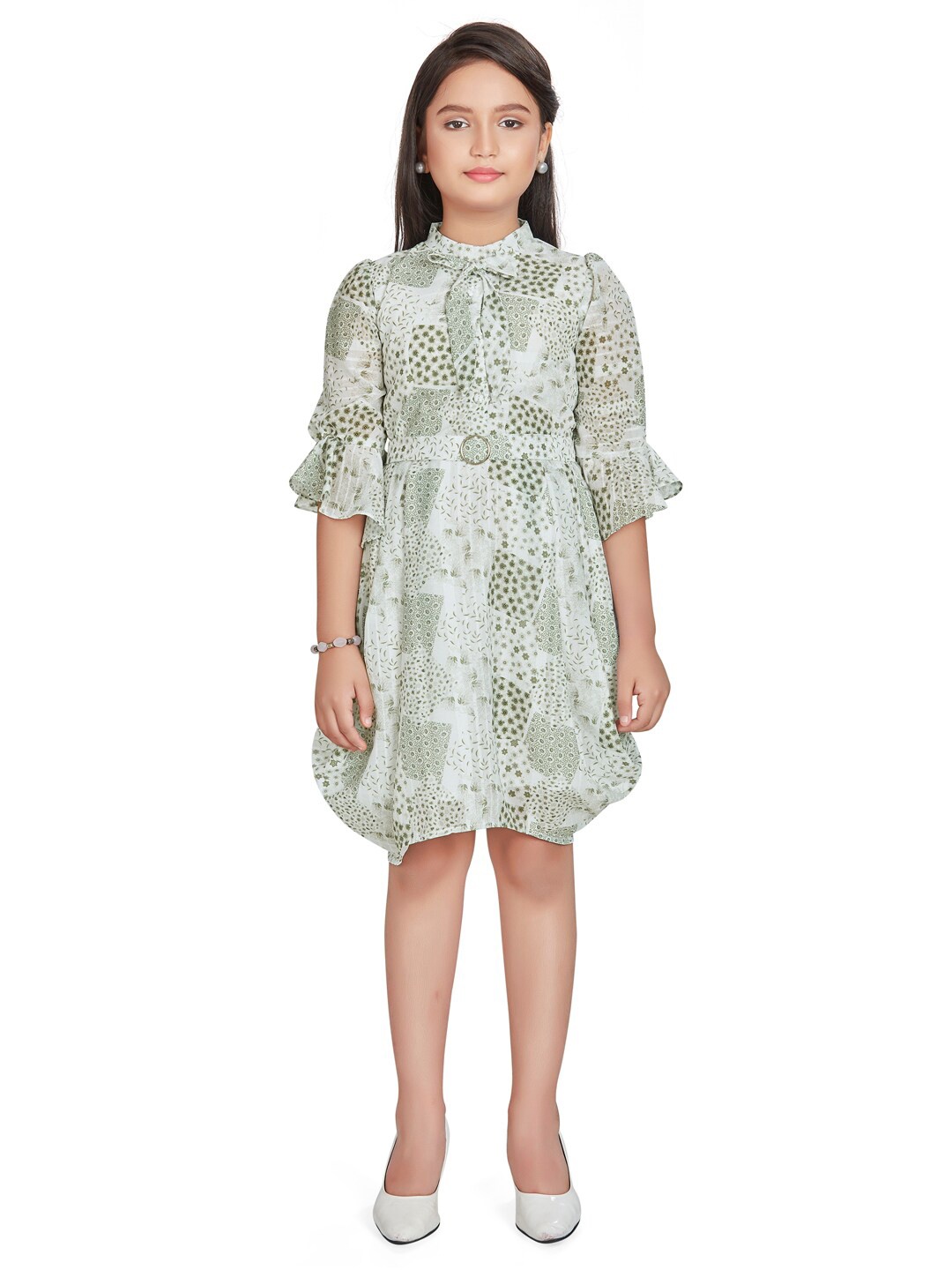 

Peppermint Girls Abstract Printed Mock Neck Bell Sleeves Fit & Flare Dress, Olive