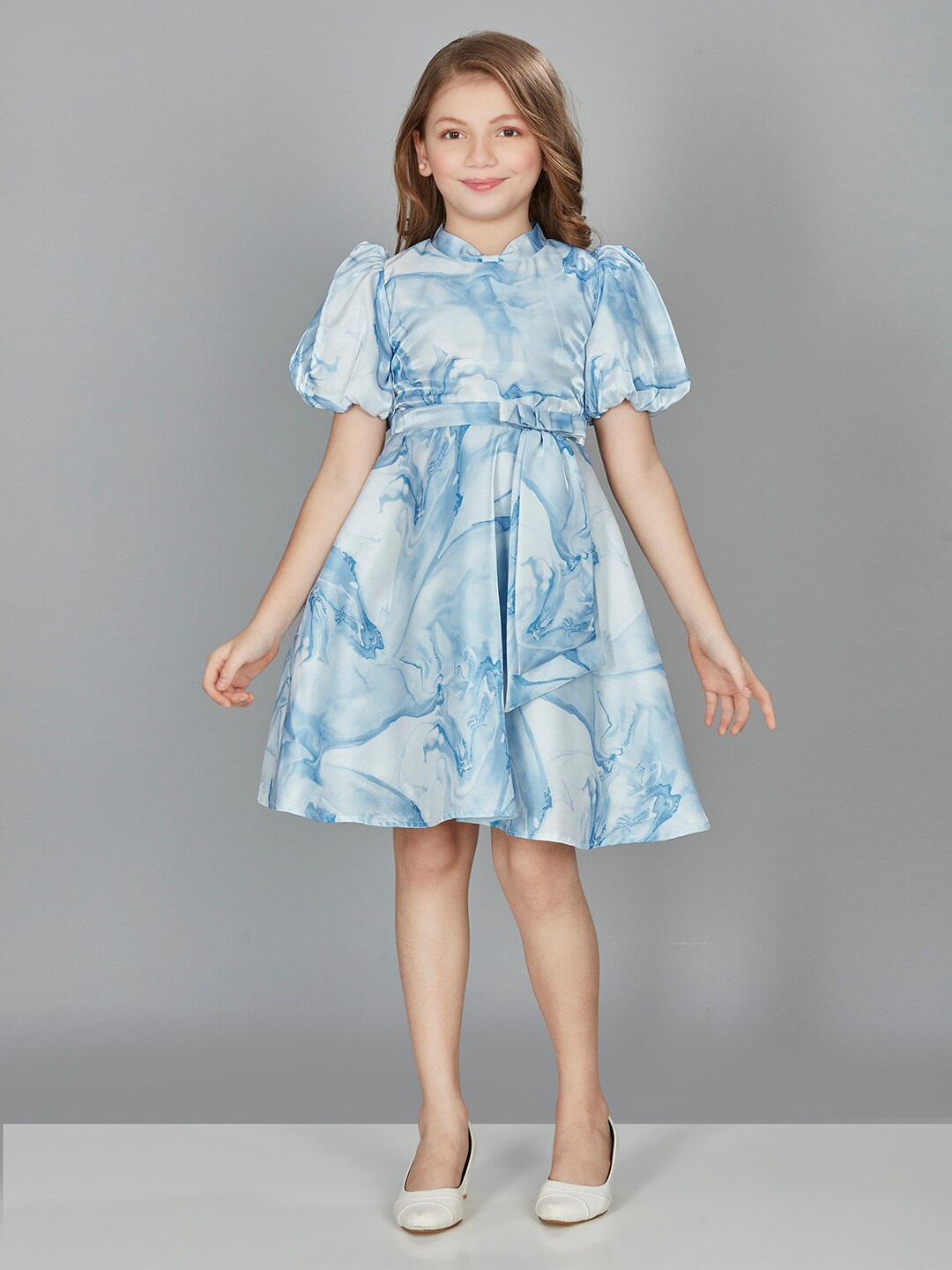 

Peppermint Girls Floral Printed Mock Neck Puff Sleeves Party Fit & Flare Dress, Blue
