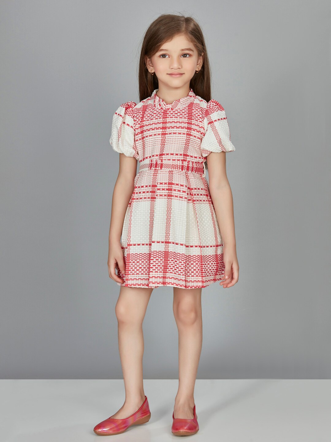 

Peppermint Girls Checked Printed Mock Neck Puff Sleeves Party A-Line Dress, Red