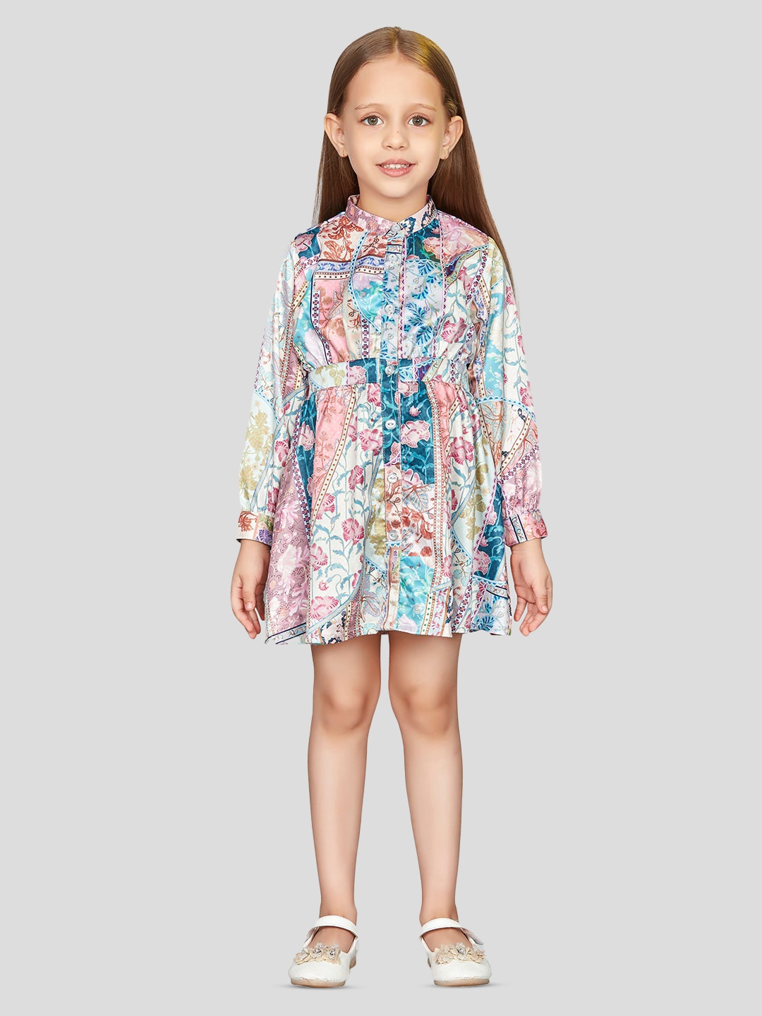 

Peppermint Band Collar Long Cuffed Sleeves Floral Print Shirt Dress, Blue