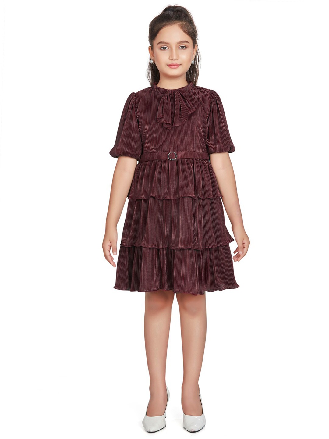 

Peppermint Girls Self Design Mock Neck Puff Sleeves Layered Party Fit & Flare Dress, Maroon