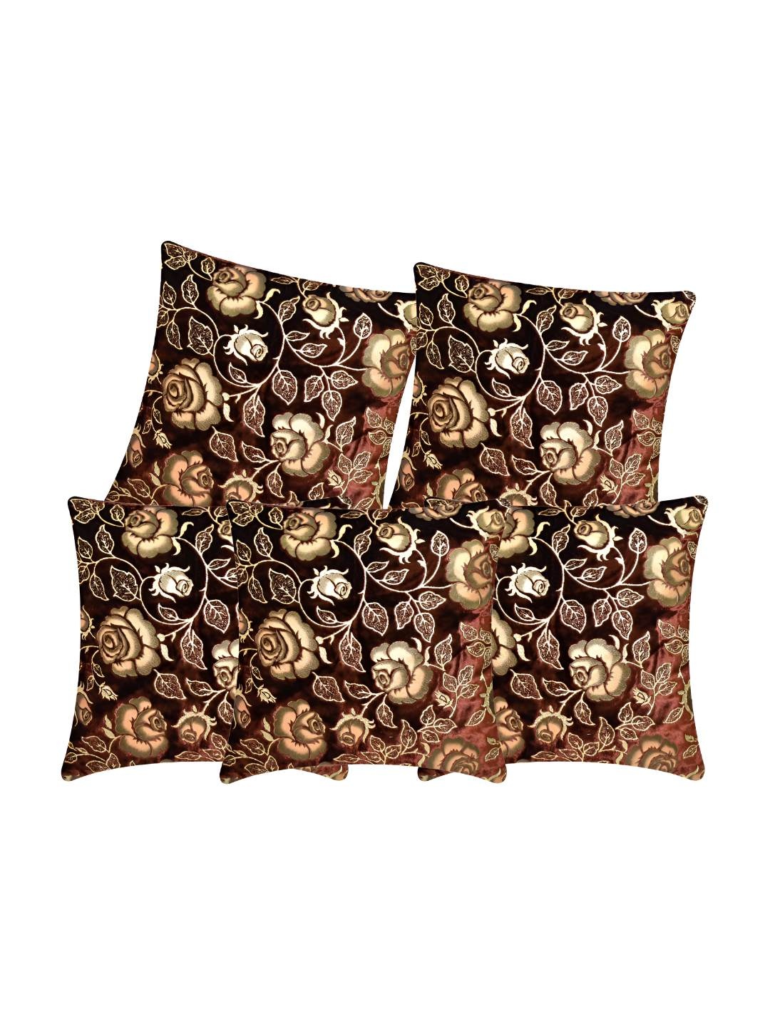 

CASA-NEST Coffee Brown 5 Pieces Rose Embroidery Square Velvet Cushion Covers