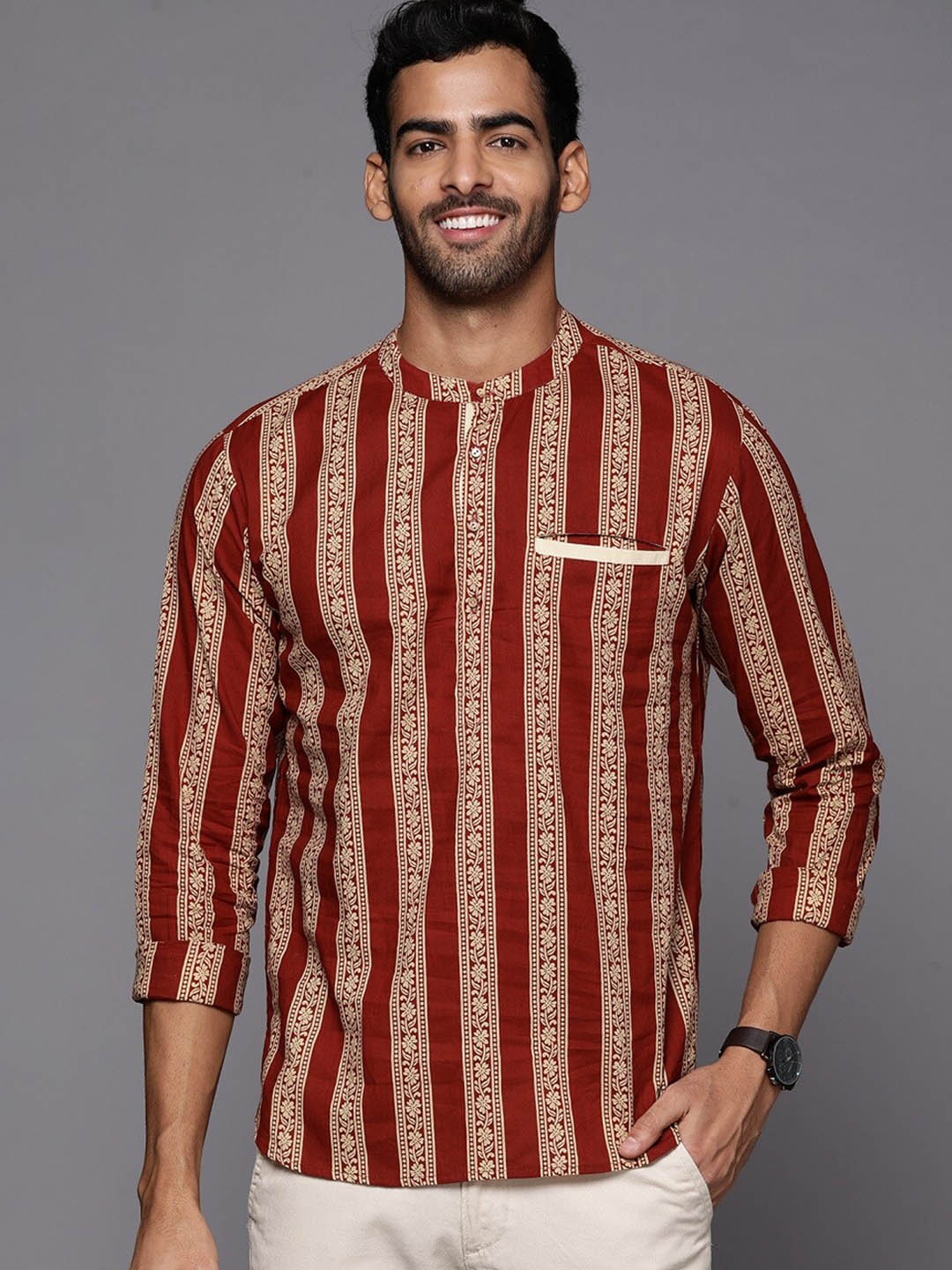 

Indo Era Ethnic Motifs Printed Band Collar Cotton Straight Kurta, Maroon