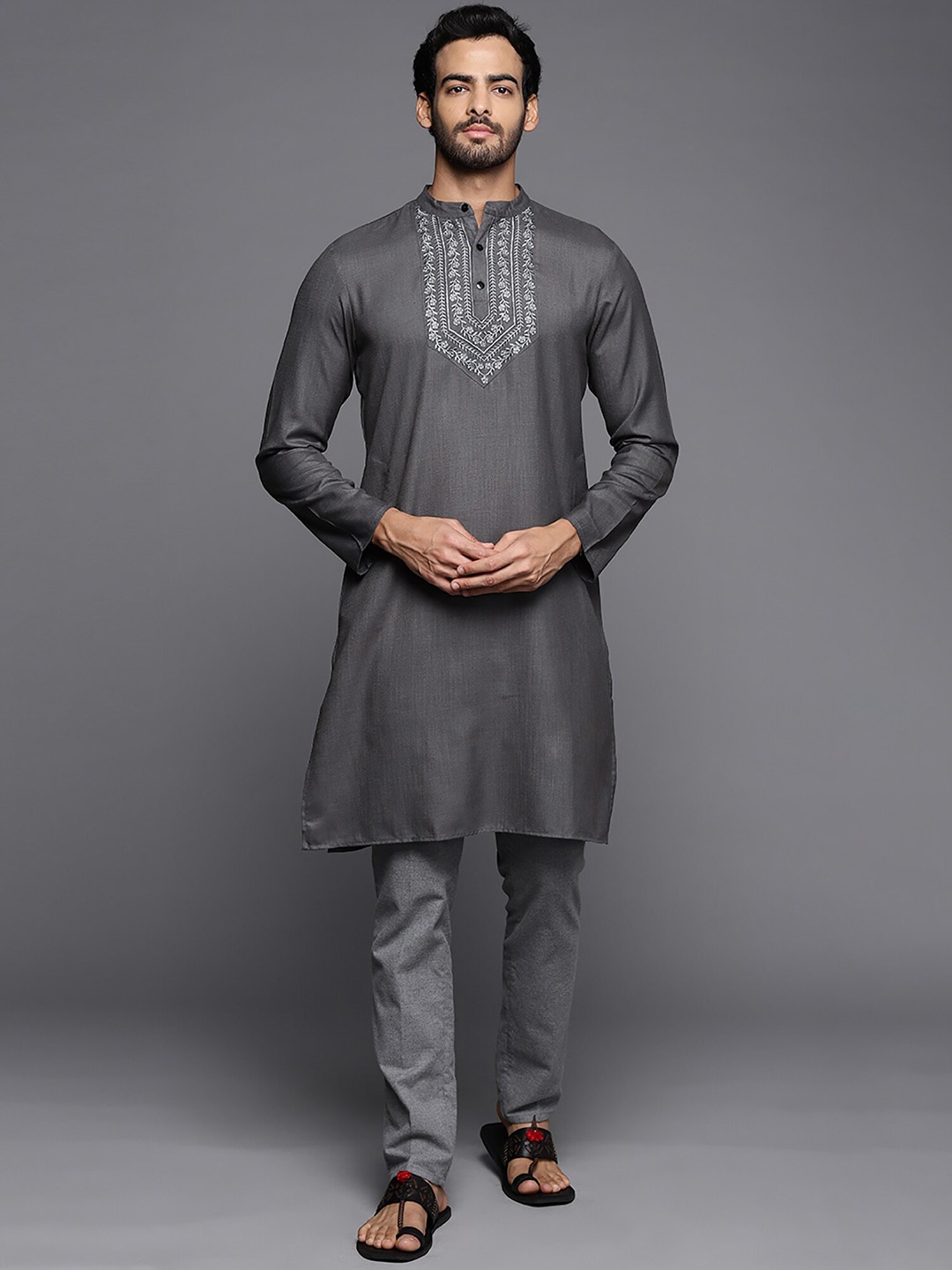 

Indo Era Ethnic Motifs Yoke Design Thread Work Kurta, Grey